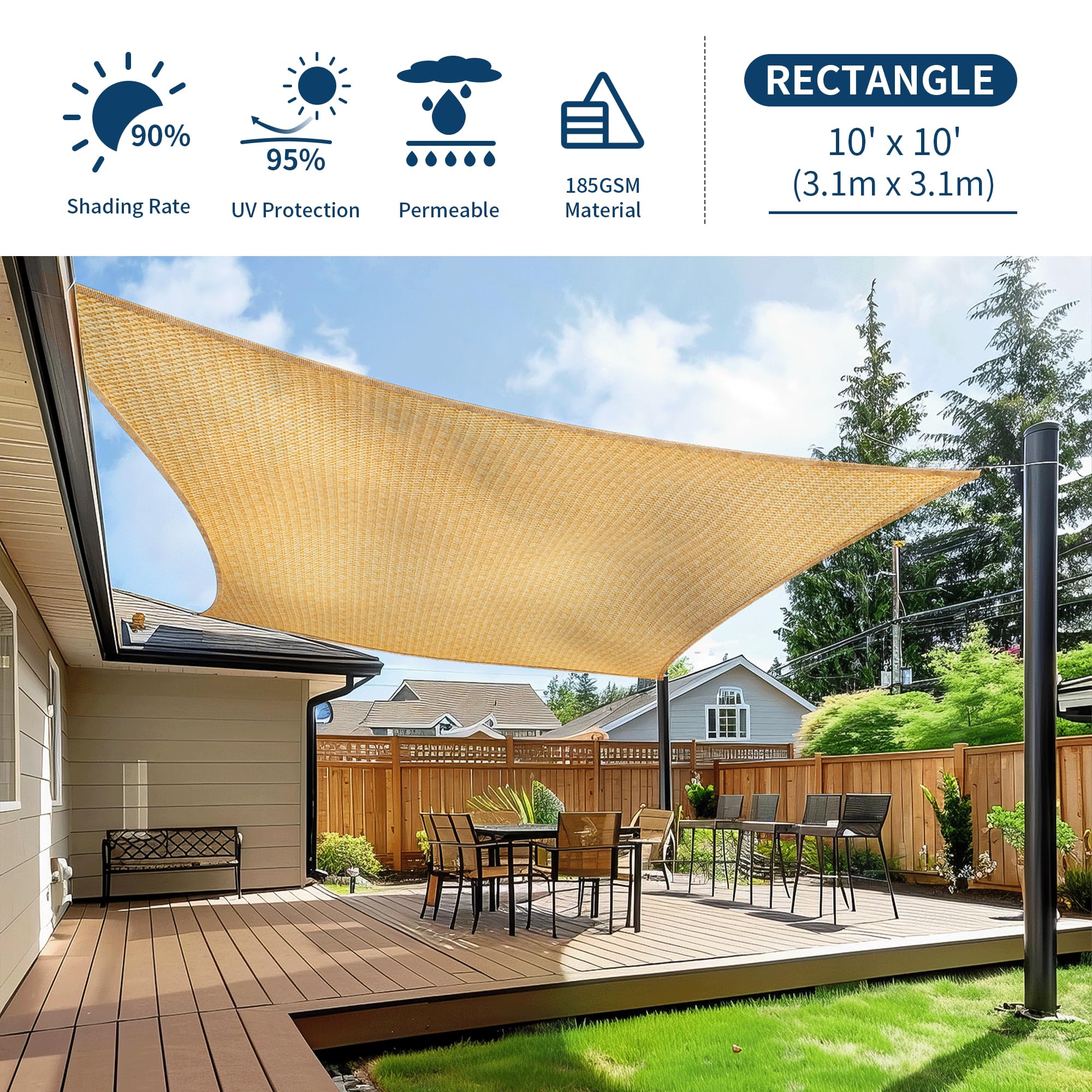 EMEKIAN Rectangle 3.1m x 3.1m Sun Shade Sail, UV Block Sunshade Canopy, Sand Permeable Patio Cover for Garden Backyard Outdoor Facility and Activities