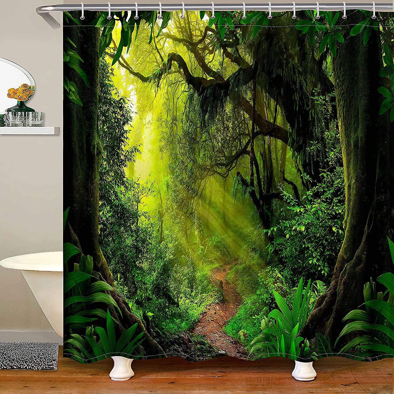 Loussiesd Woodland Shower Curtain Kids Teens Woodland and Pathway Foliage Trunk Greenery Bath Curtain with 12 Hooks Bathroom Decor Yellow Green Shower