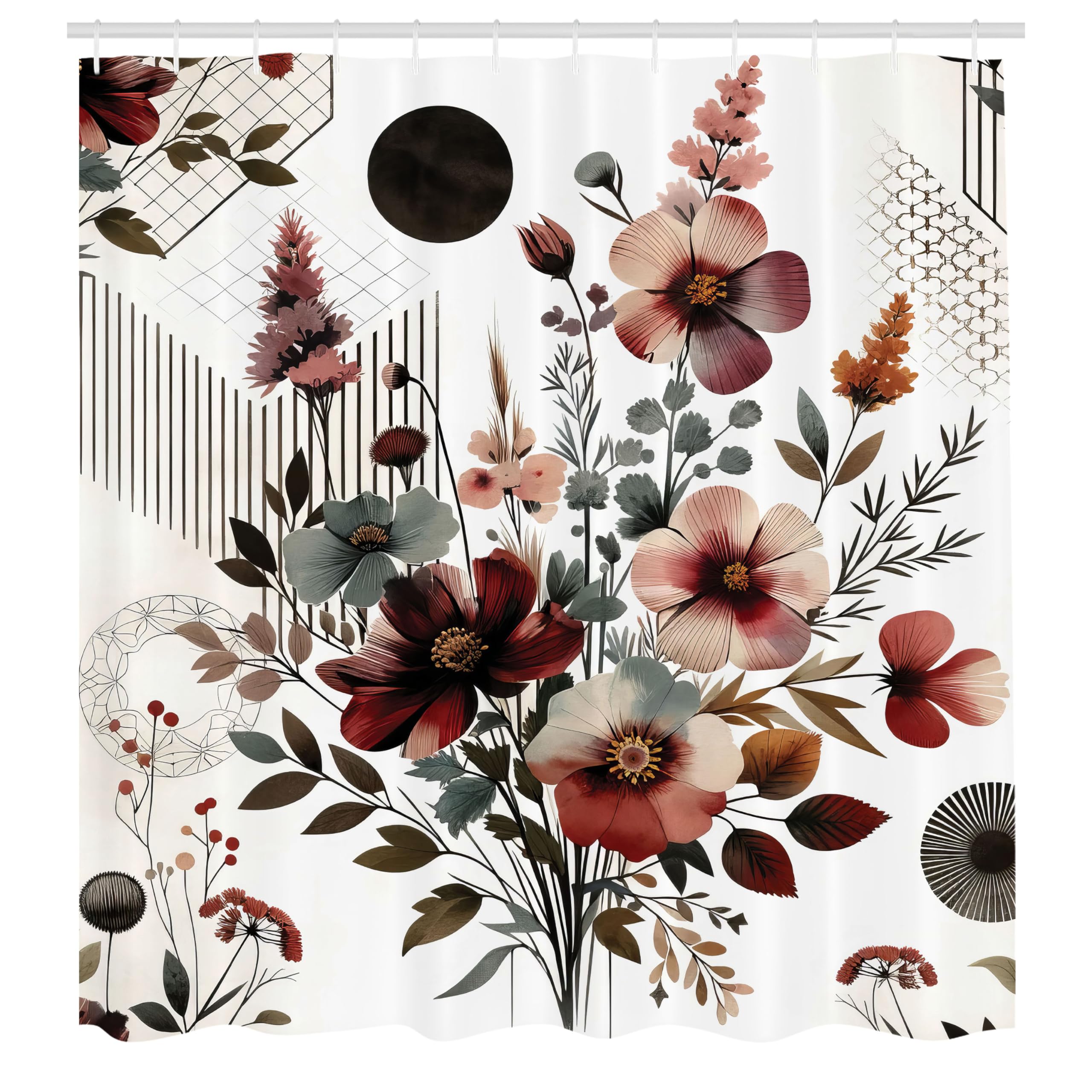 ABAKUHAUS Floral Shower Curtain, Mid Century Modern Flowery, Cloth Fabric Bathroom Decor Set with Hooks, 175 x 200 cm, Chestnut Brown Dark Sea Green