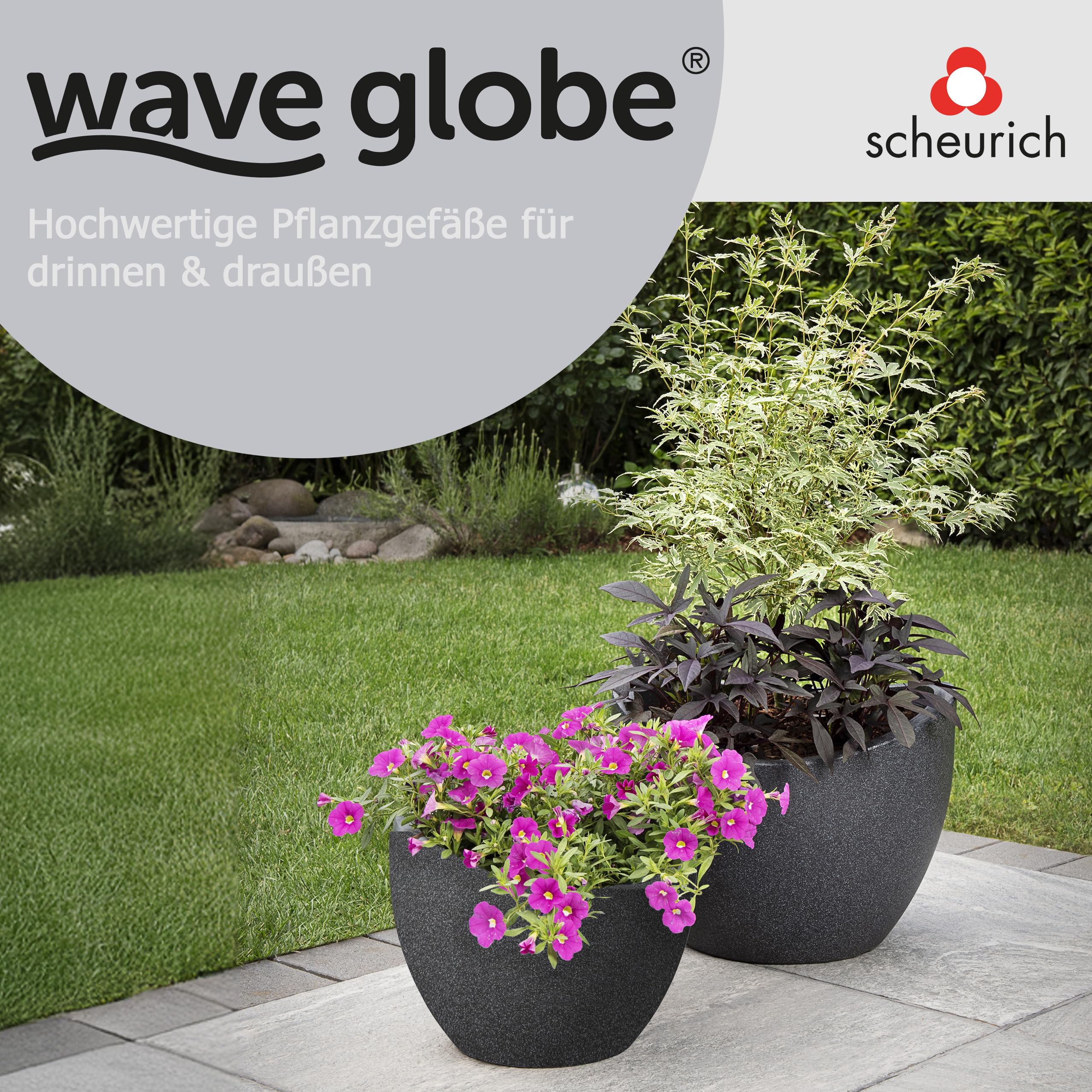 Scheurich Wave Globe, Planter made of Plastic, Black-Granite, 40 cm diameter, 30 cm height, 19 l Vol.