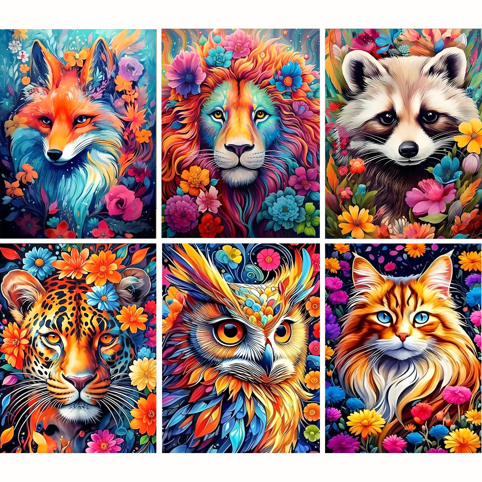 6 Pack Animal Diamond Art Kits for Adults, Diamond Painting Kits for Adults and Beginner, Full Drill Diamond Dots Painting, Cat Bear Lion Tiger Owl