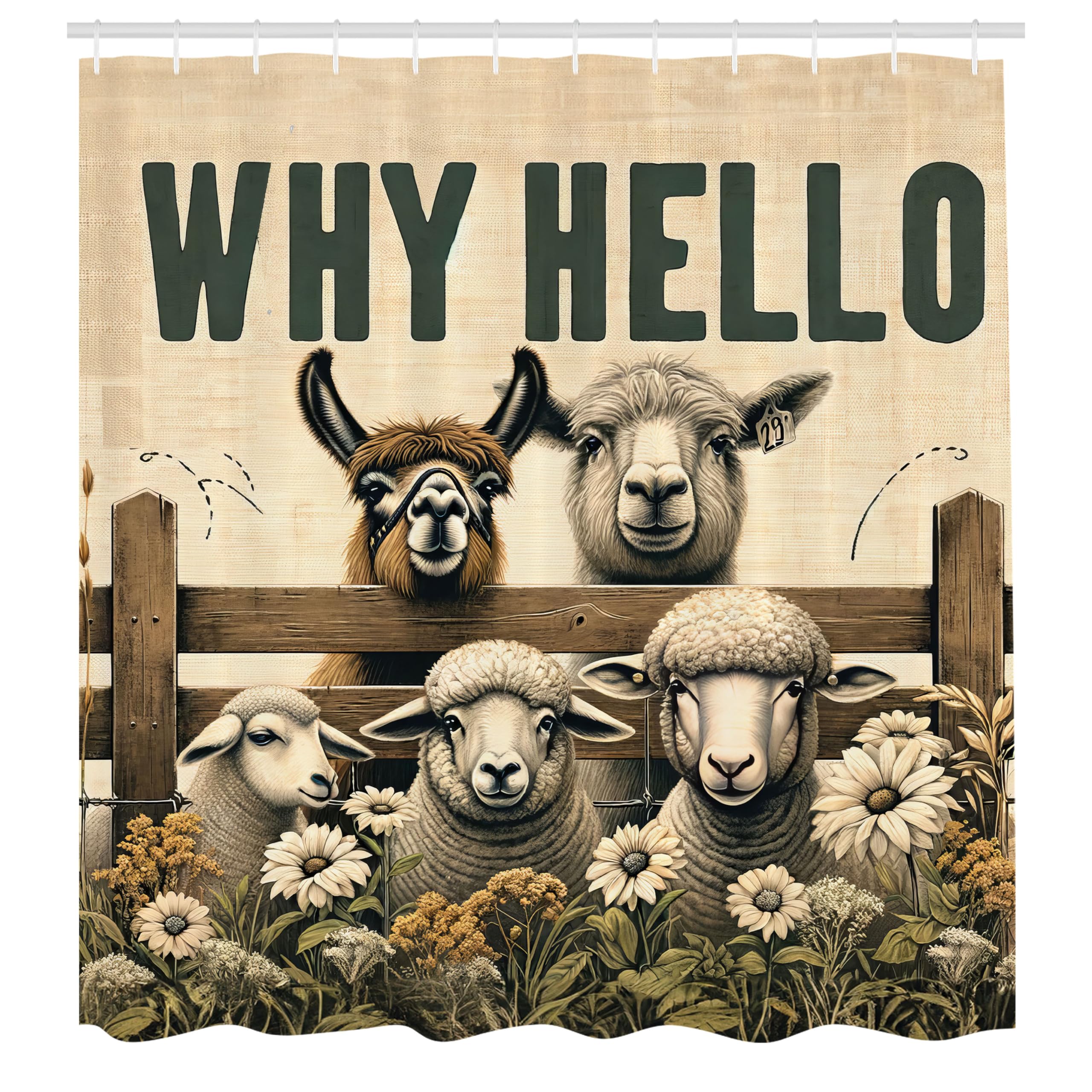 ABAKUHAUS Farmhouse Shower Curtain, Why Hello Sheep Alpaca, Cloth Fabric Bathroom Decor Set with Hooks, 175 x 200 cm, Beige Brown Reseda Green