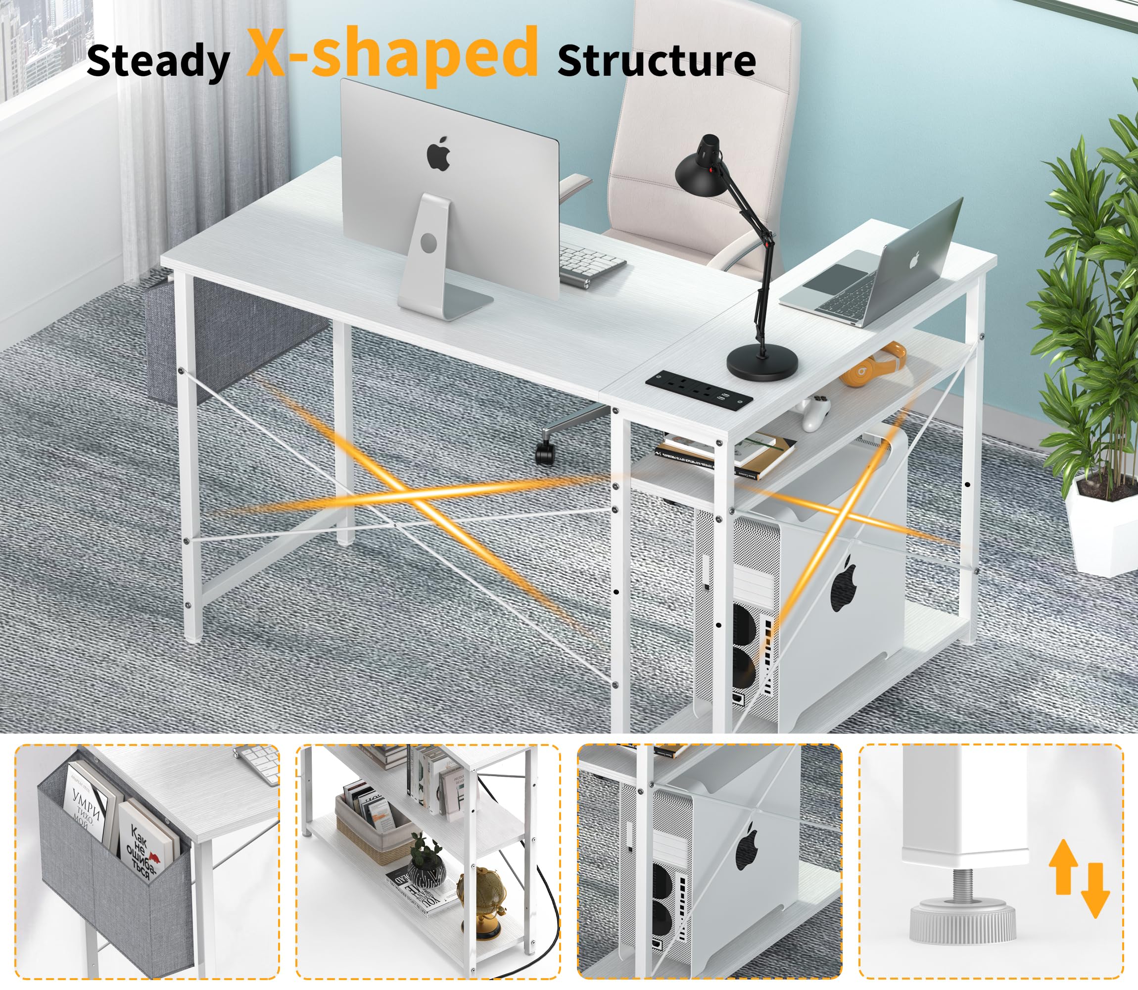 Yornoli L Shaped Computer Desk with Power Outlet, 118CM Corner Office Desk for Small Spaces with Storage Shelves, Study Work Writing Table for Home