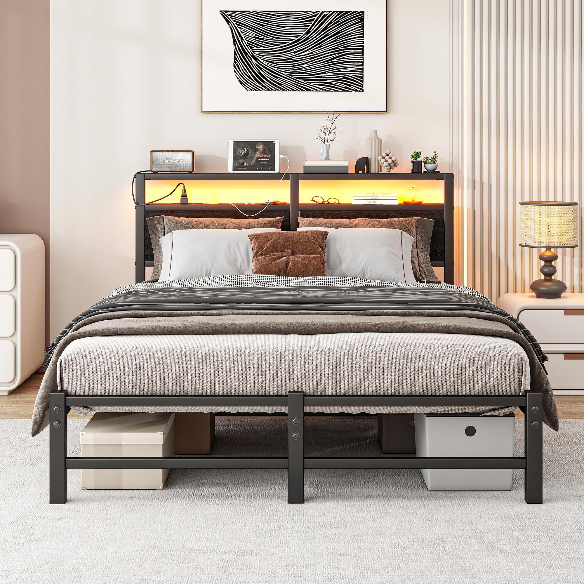 VERFARM Double Bed Frames with Wood Storage Shelf Headboard and Charging Station/LED Lights, Heavy Duty Metal Platform Bed Frame 4ft6 Double Bed, No