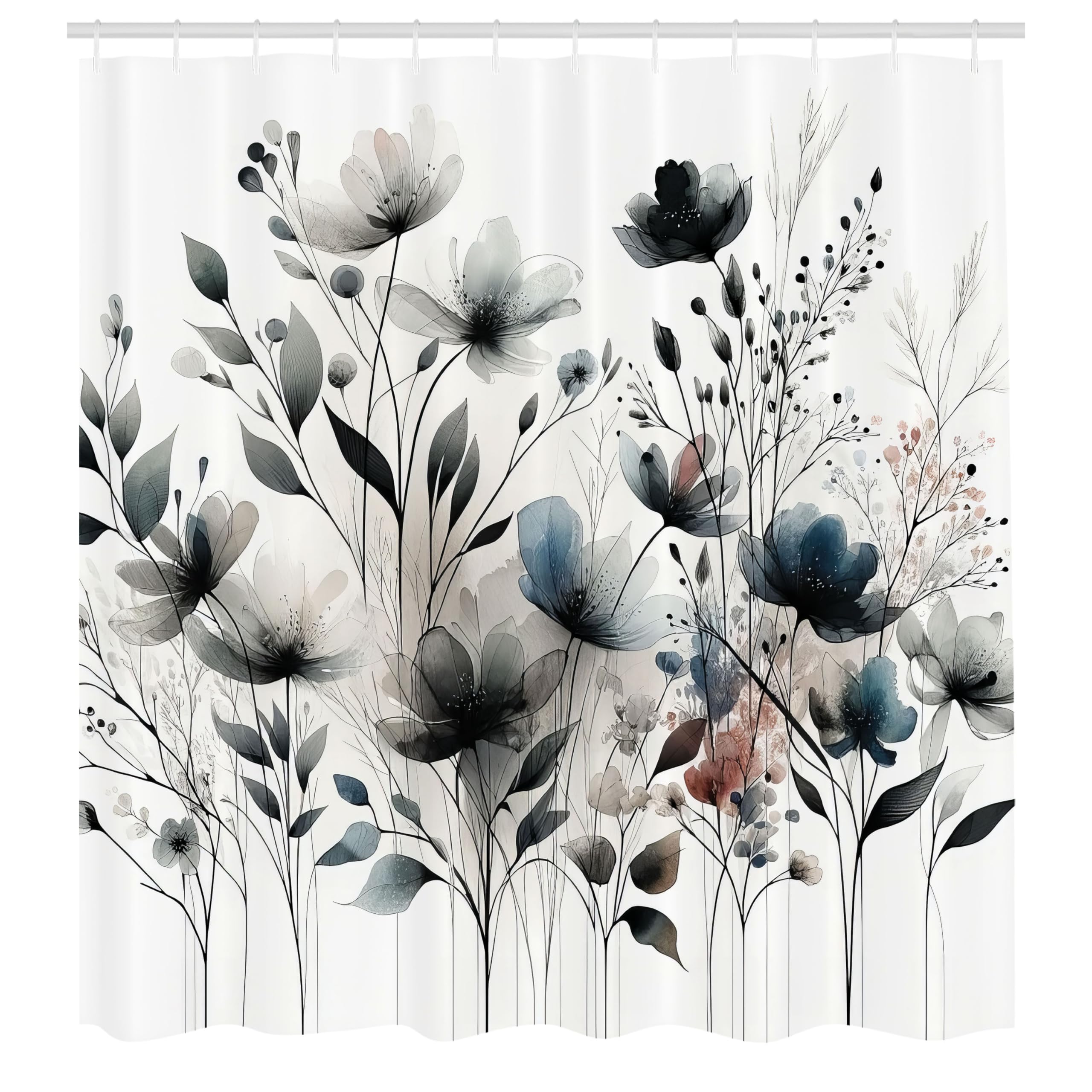 ABAKUHAUS Neutral Shower Curtain, Soft Hues Flowers Pattern, Cloth Fabric Bathroom Decor Set with Hooks, 175 x 200 cm, Dimgray Slate Blue