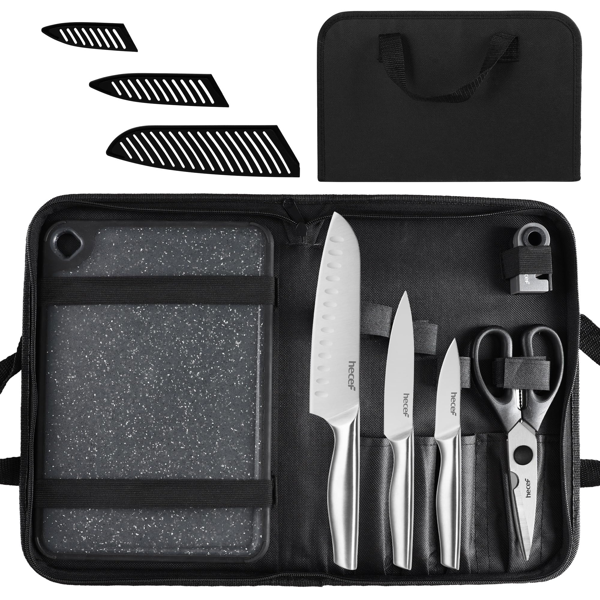 hecef 10-in-1 Knife Set with Heavy Duty Knife Bag, Reversible Cutting Board, Sheaths and Mini Sharpener, Stainless Steel Blade with Ergonomic Handle,