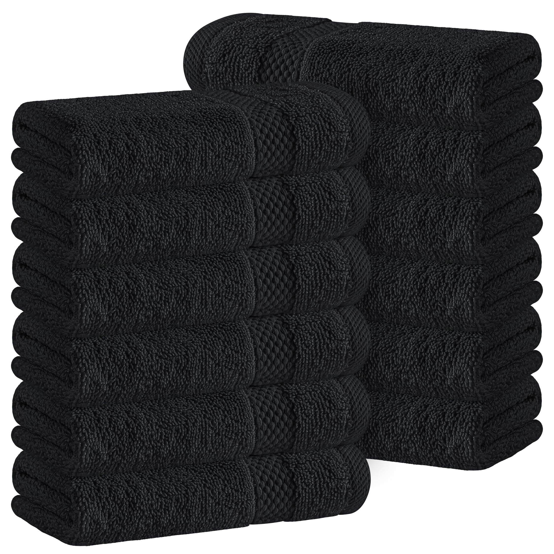 White Classic Luxury Cotton 12 Pc Flannel Set, Hotel Style Small Bath Towel and Face Cloth 33x33 cm, Black Soft Plush Flannels Pack of 12, Thick High