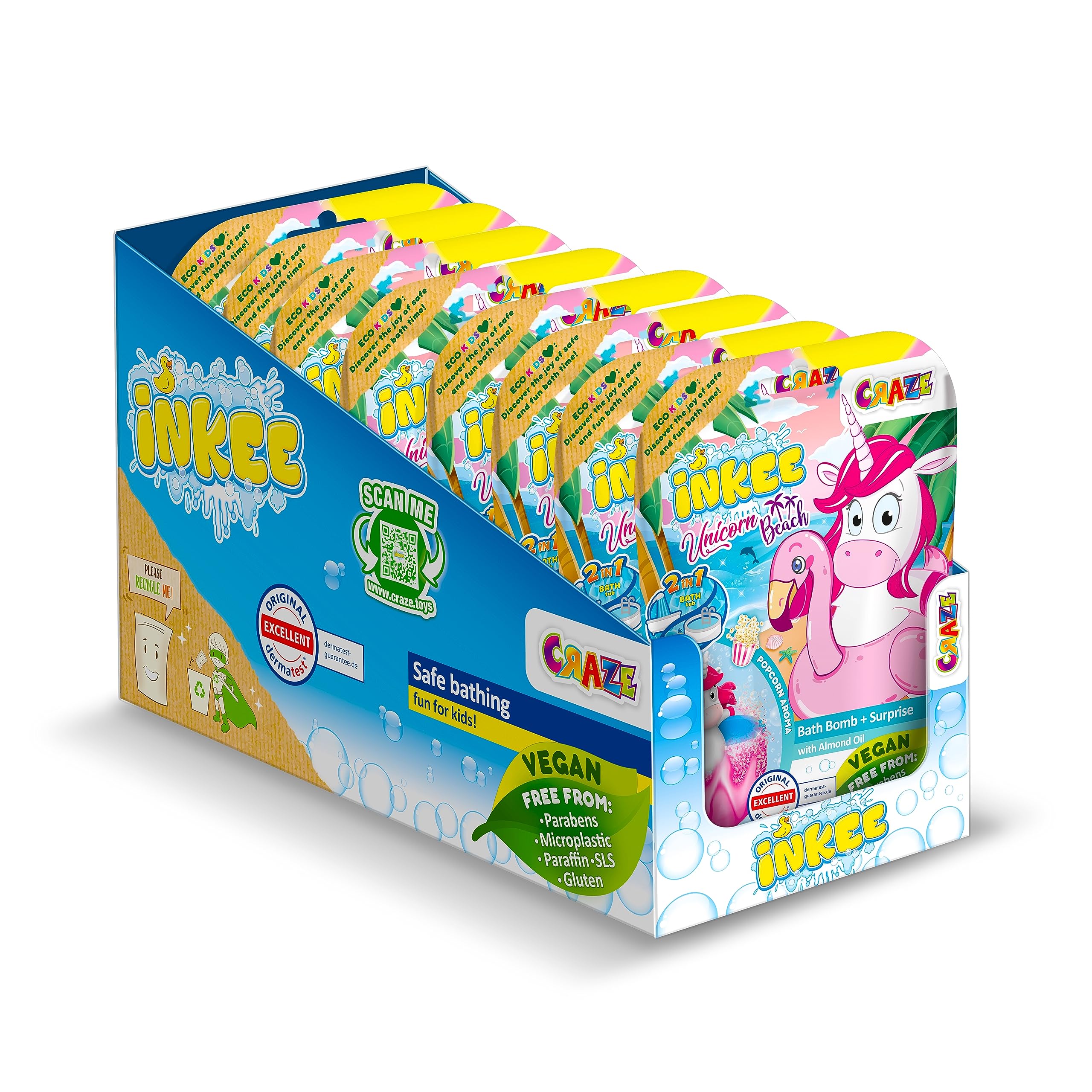 INKEE Unicorn Bath Toy Set ? 8 Kids Bath Bombs with Hidden Surprise Figures, Popcorn Scent Bubble Bath Fizzies ? Creative Gift for Girls and Boys Age