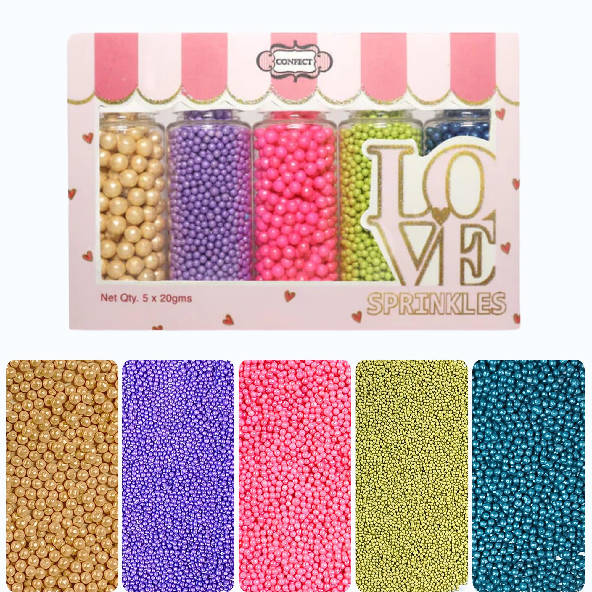 Confect Mix Golden, Purple, Neon Pink, Lime Green & Navy Blue Pearl Dragees, Birthday Sprinkles, Sprinkles for Cakes & Cupcakes Decoration, Tropical