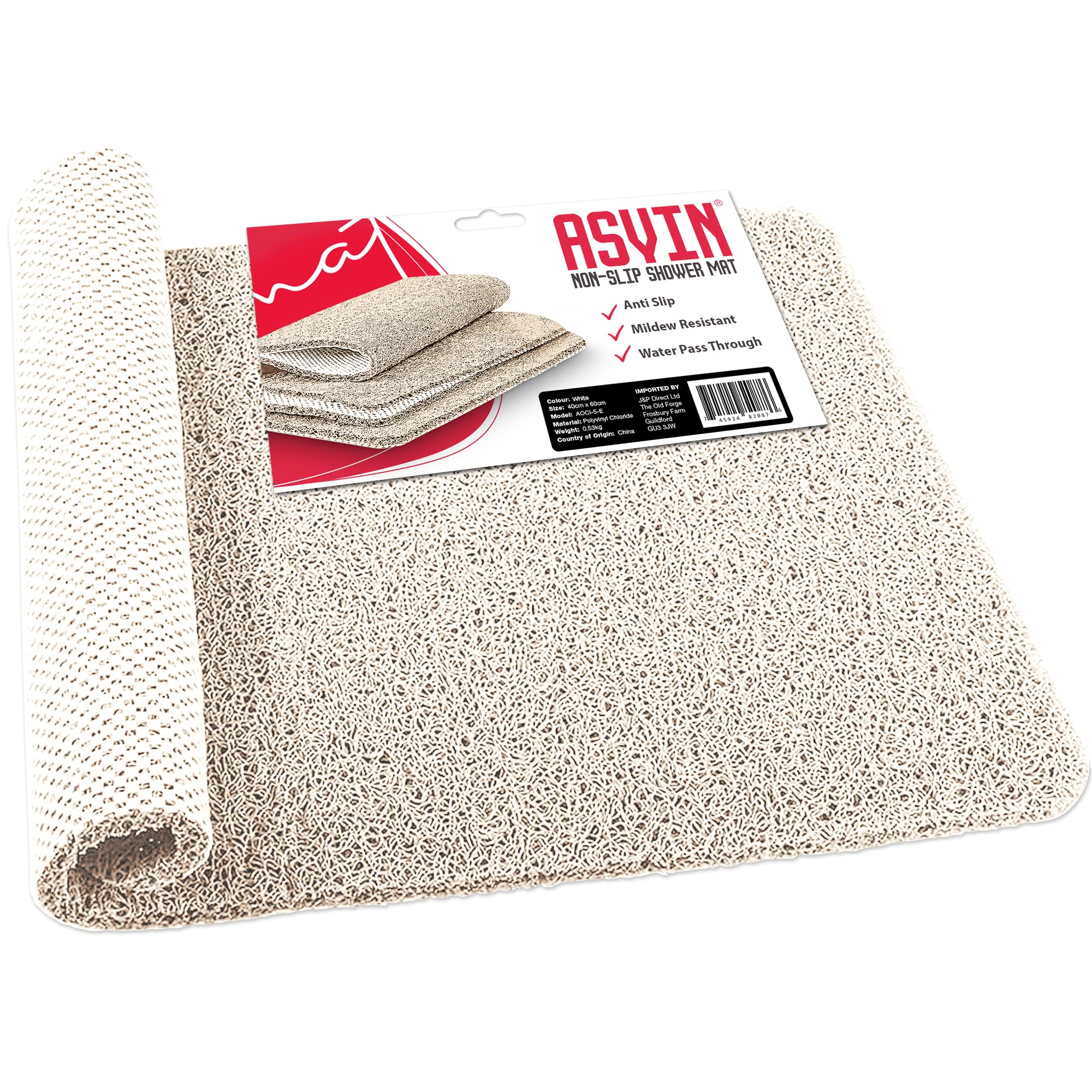Asvin Soft Textured Anti Slip Bath & Shower Mat for Inside Shower & Wet Areas (40x60cm White) Phthalate Free Rubber Loofah Bathroom Mats for Slippery