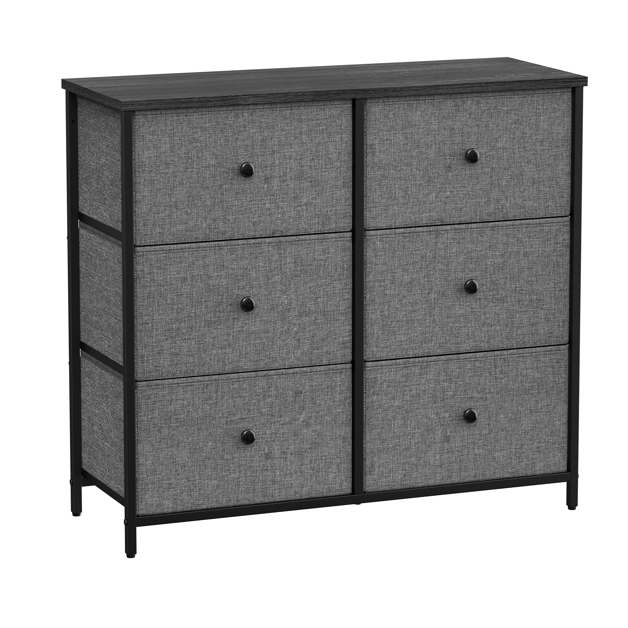 SONGMICS Chest of Drawers, 6 Fabric Drawers with Metal Frame, Storage Organiser Unit, Dresser, for Nursery, Bedroom, Hallway, Grey and Black with Wood