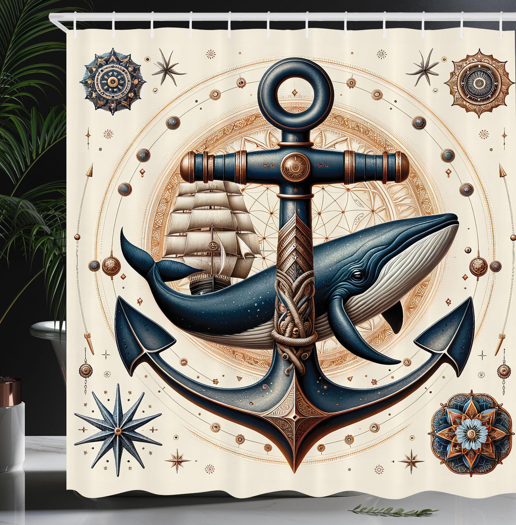ABAKUHAUS Nautical Shower Curtain, Mandala Astronomy Marine, Cloth Fabric Bathroom Decor Set with Hooks, 175 x 200 cm, Dark Teal Redwood Ivory