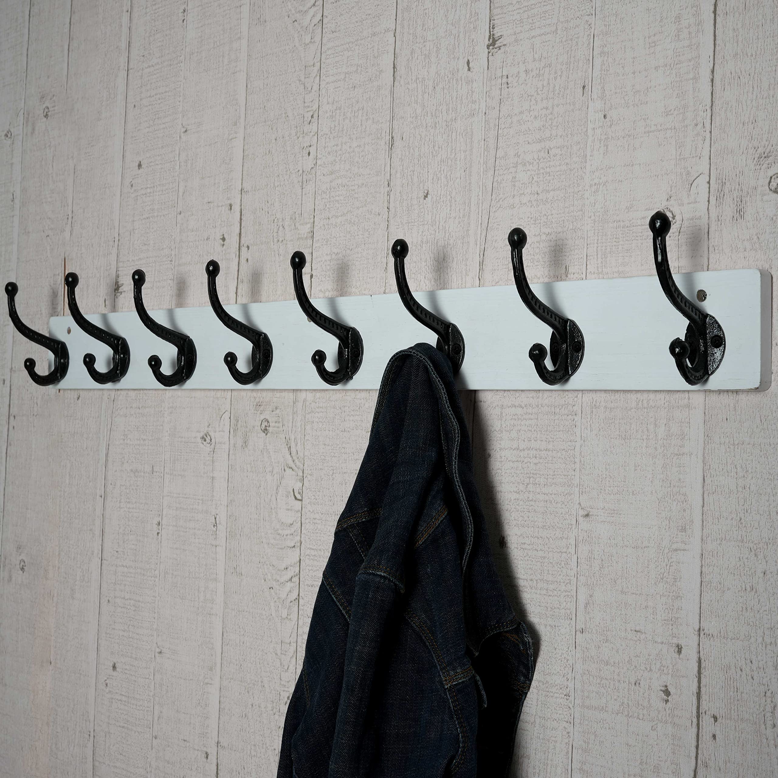 WEBI Rustic Coat Rack Wall Mount Long 8 Cast Iron Coat Hooks Wall Mounted,Heavy Duty Wall Coat Hanger Hooks for Hanging Coats,Clothes,Black on White,2