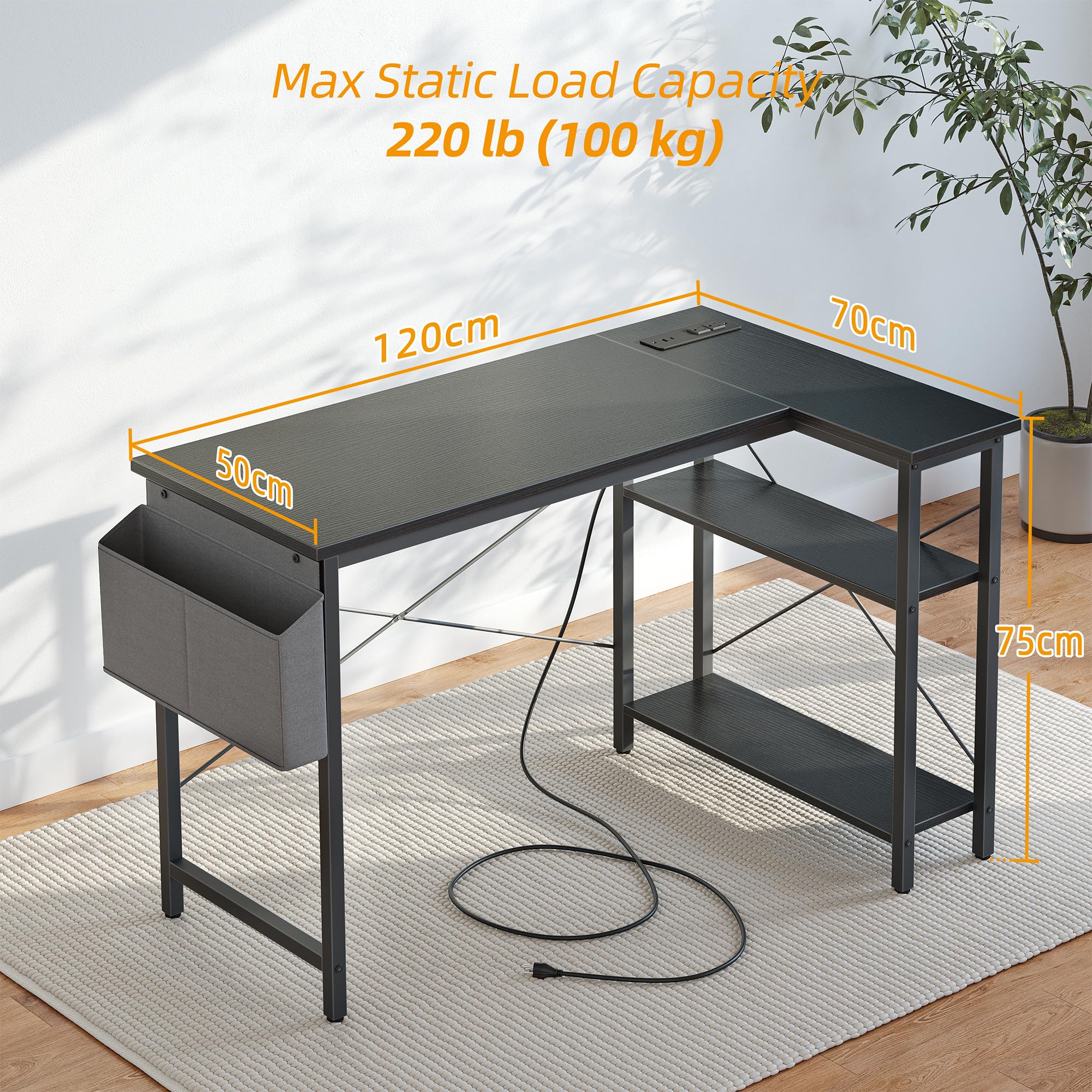 BEXEVUE Small L Shaped Desk with Power Outlets - 120x70cm Gaming Corner Computer Desk Writing Table, Reversible Large Storage Shelves, Bookshelf