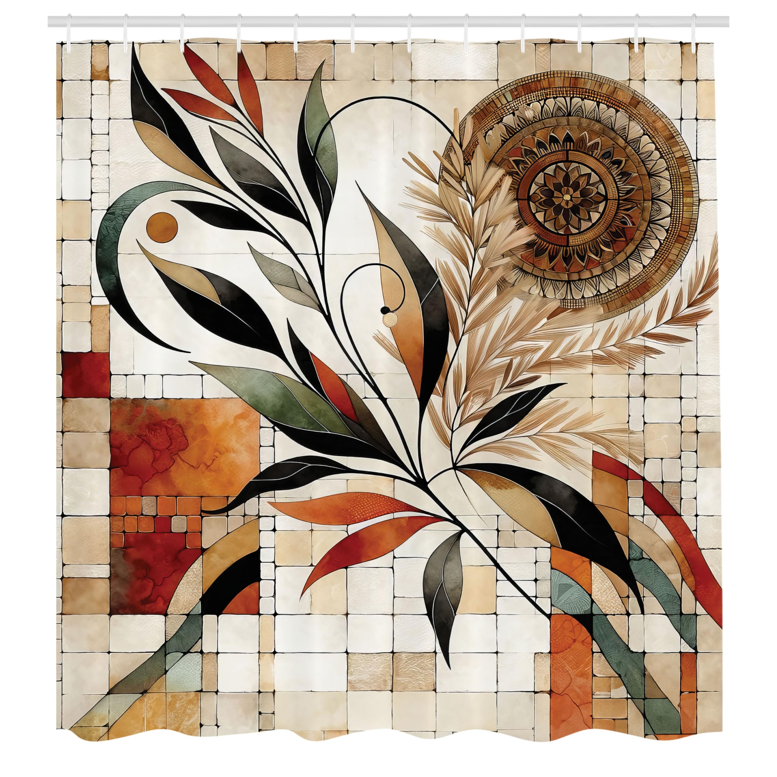 ABAKUHAUS Boho Shower Curtain, Oriental Autumn Mandala Flower, Cloth Fabric Bathroom Decor Set with Hooks, 175 x 200 cm, Beige Orange Laurel Green