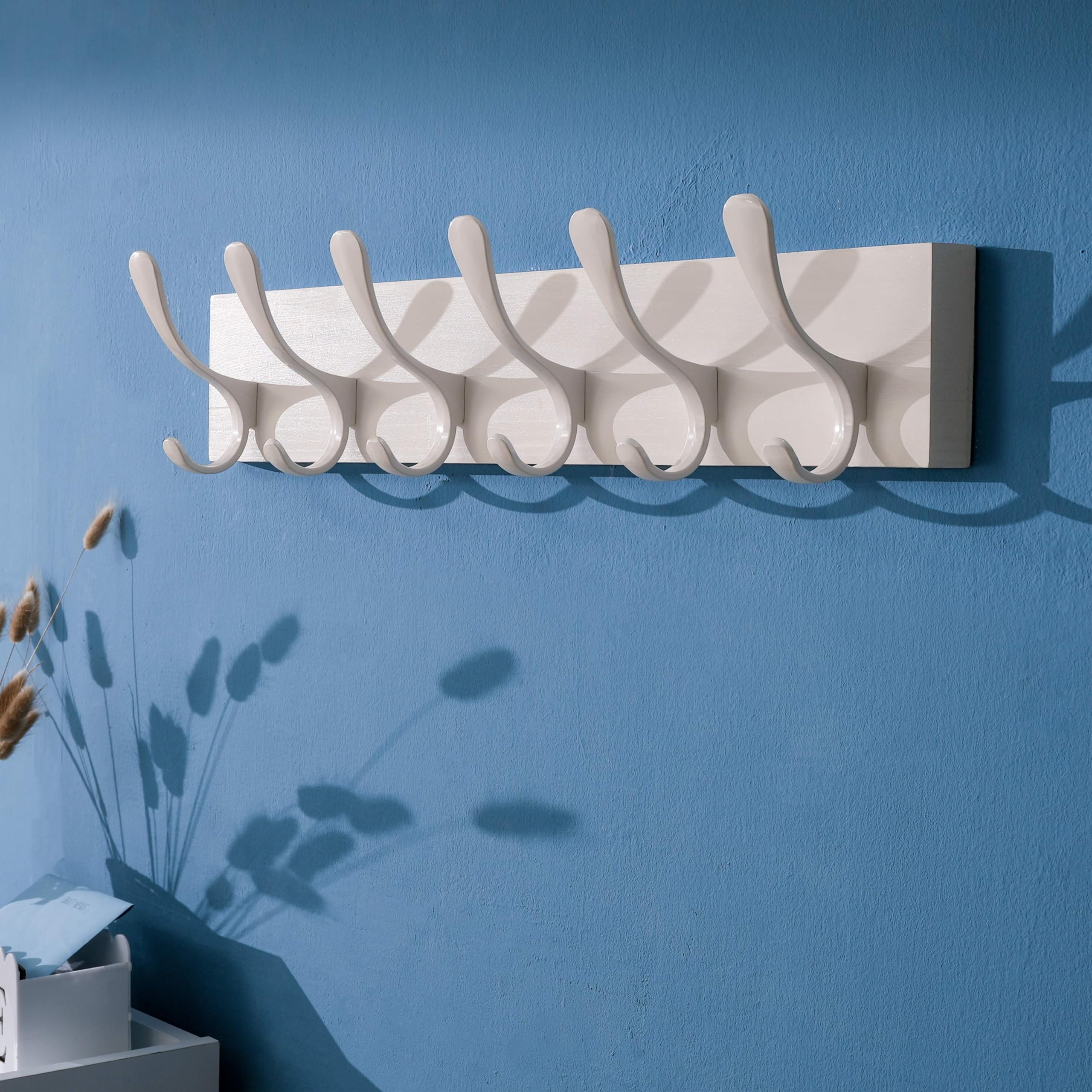 SKOLOO Coat Rack Wall Mount - Wooden White Wall Coat Hook, Pack of 2, Wall Coat Hanger Rack with 6 Hooks for Hanging Coats, Hats, Clothing, Scarfs,