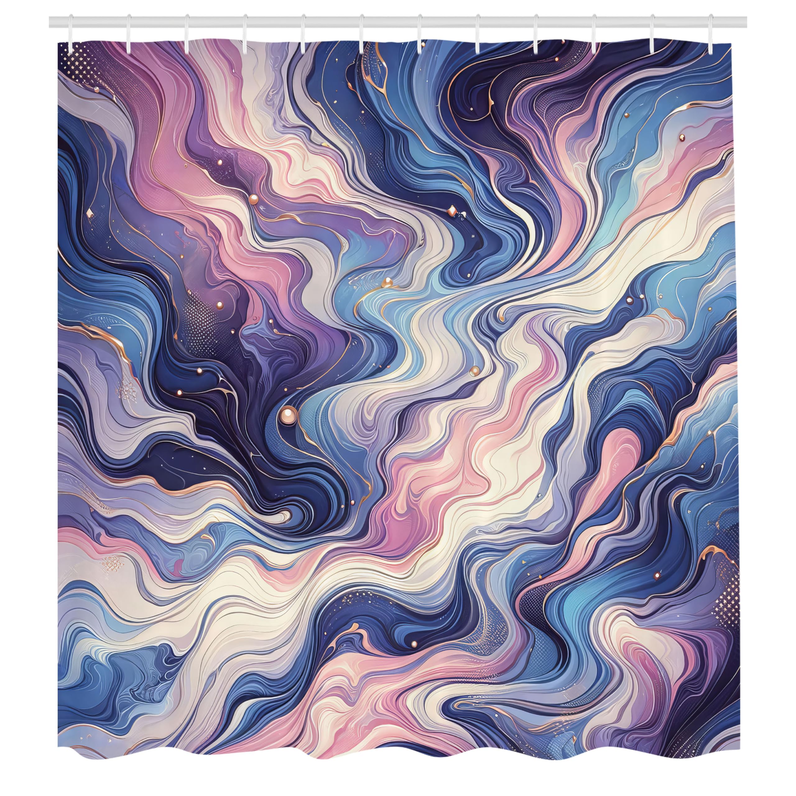 ABAKUHAUS Purple Shower Curtain, Curly Aesthetic Marble Art, Cloth Fabric Bathroom Decor Set with Hooks, 175 x 200 cm, Quartz Mustard Azure Blue
