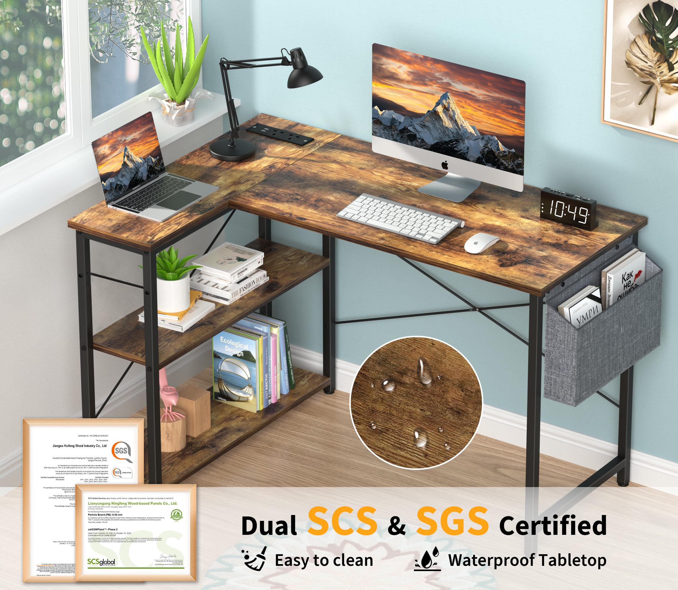 Yornoli L Shaped Computer Desk with Power Outlet, 118CM Corner Office Desk for Small Spaces with Storage Shelves, Study Work Writing Table for Home