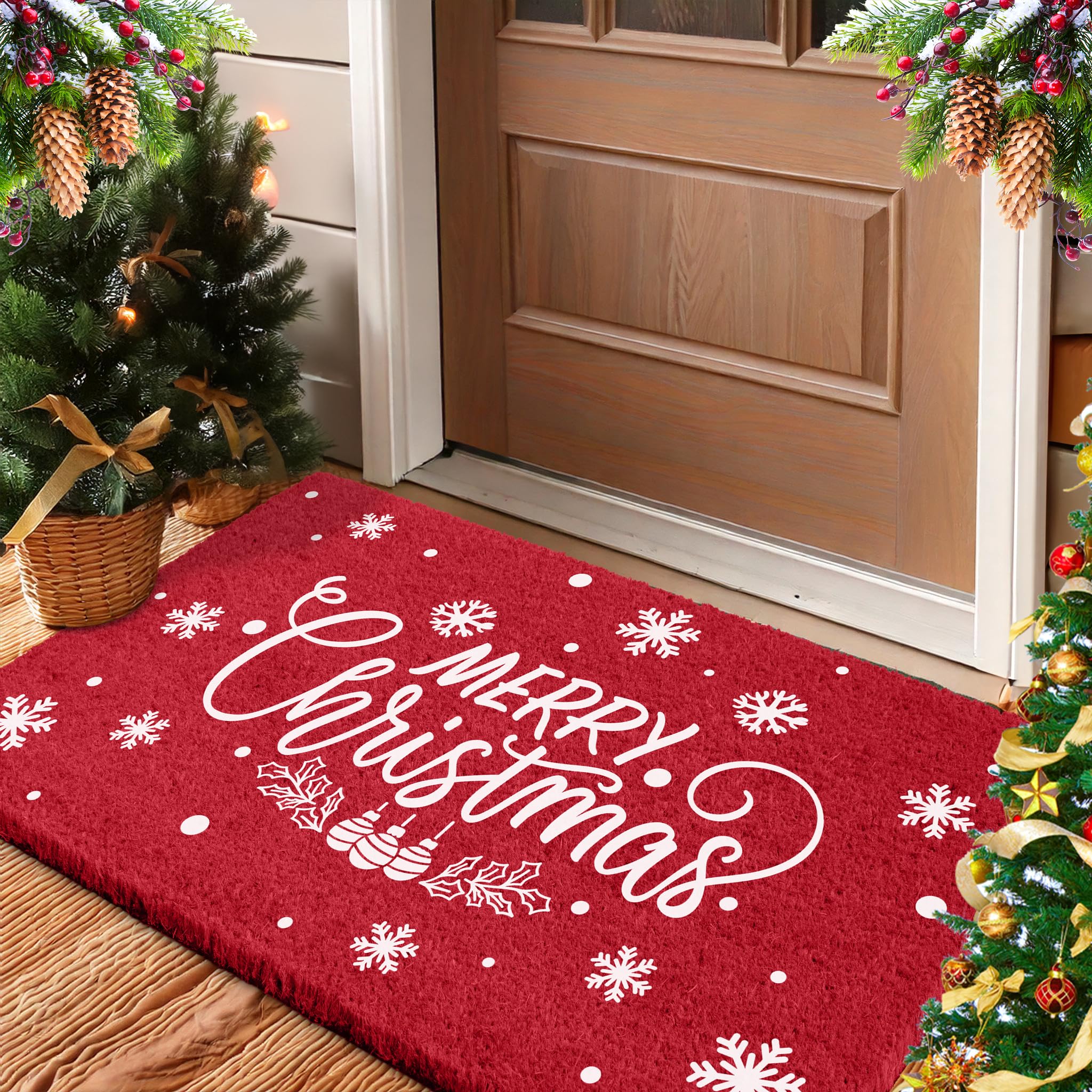 LuxUrux Premium Christmas Door Mat Outdoor - Elegant Coir Holiday Door Mat, Absorbent and Non-Slip for Outdoor Entrances Front Door- Merry Christmas.