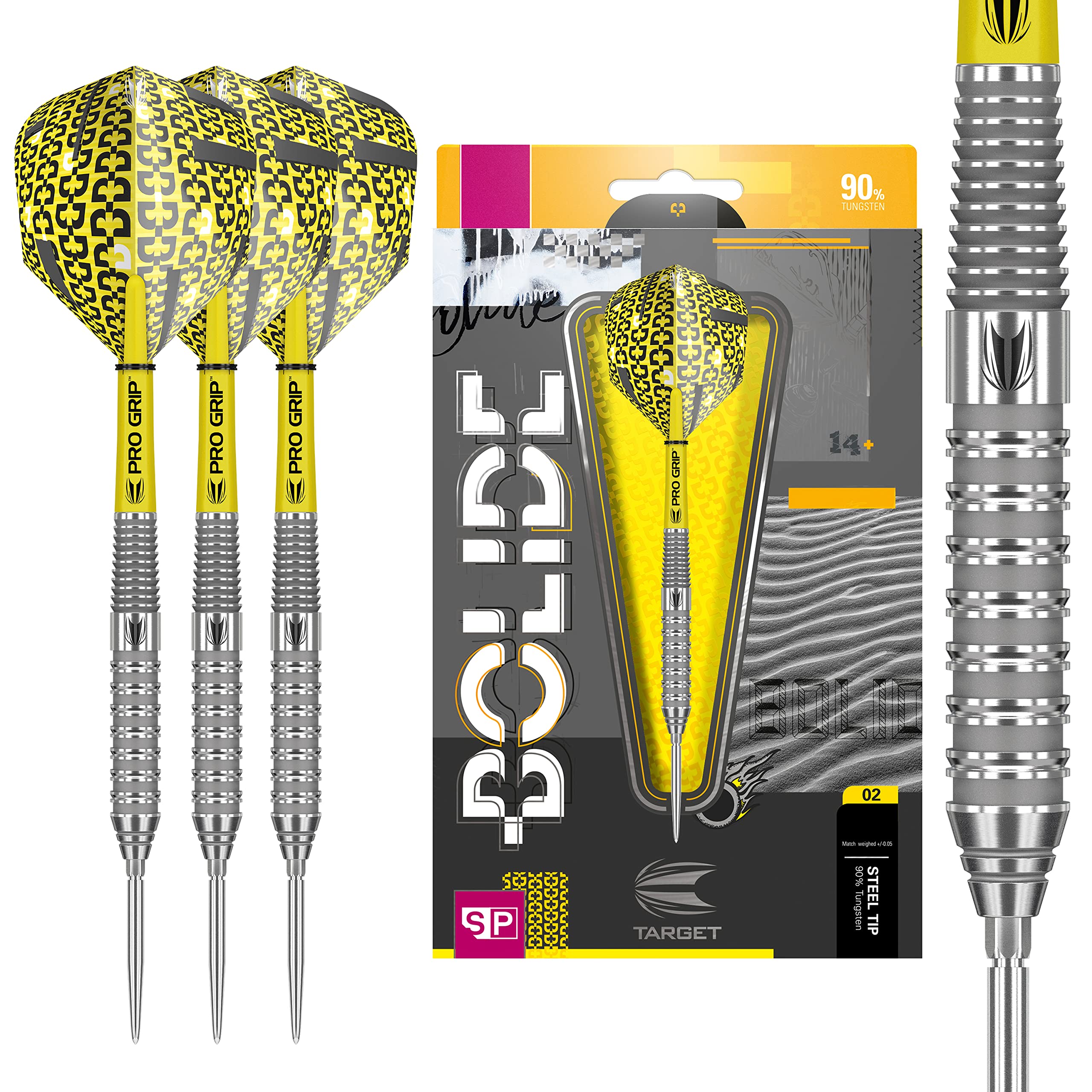 TARGET Darts Bolide 90% Tungsten Swiss Point Steel Tip Darts Set of 3, Barrel 02, 21 Grams | Featuring Pro Grip Dart Stems, Number 6 Dart Flights,