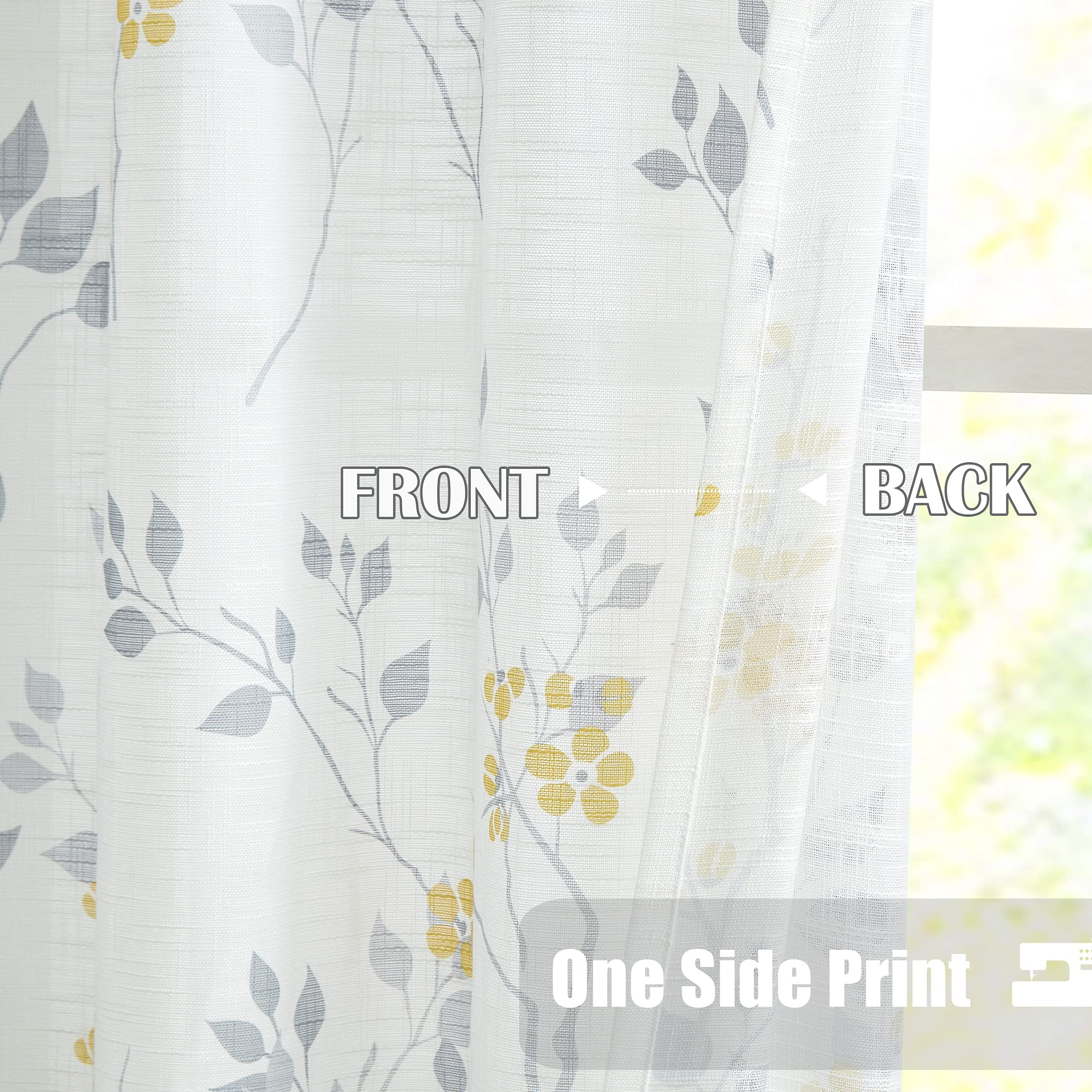 Beauoop Yellow Grey Semi Sheer Floral Curtains for Living Room 90 Drop Linen Textured Farmhouse Curtains for Bedroom Leaf Printed Eyelet Rustic Drapes