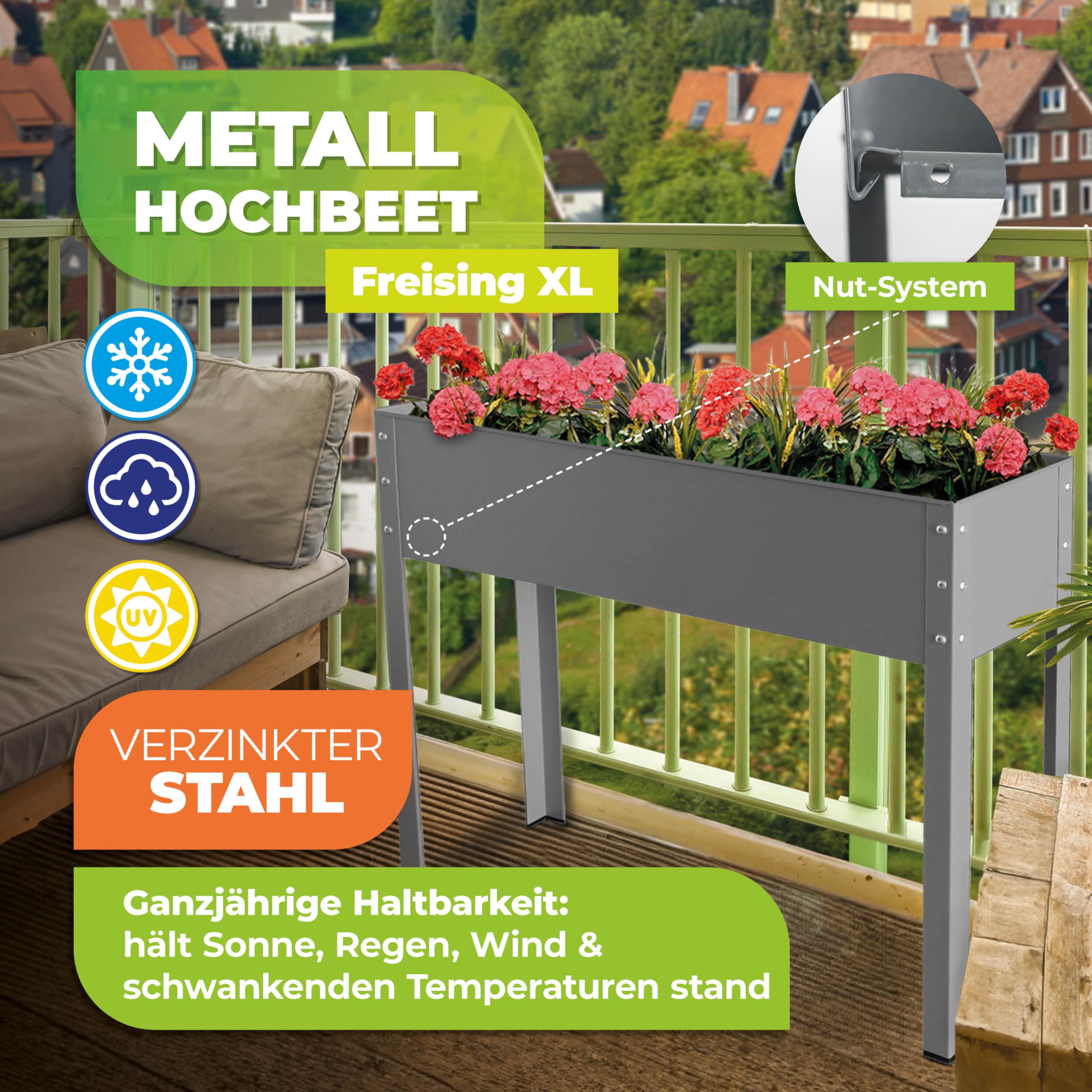Bio Green MHF-XL 600 x 300 x 800 mm Large Freising Metal Raised Planting Bed - Grey