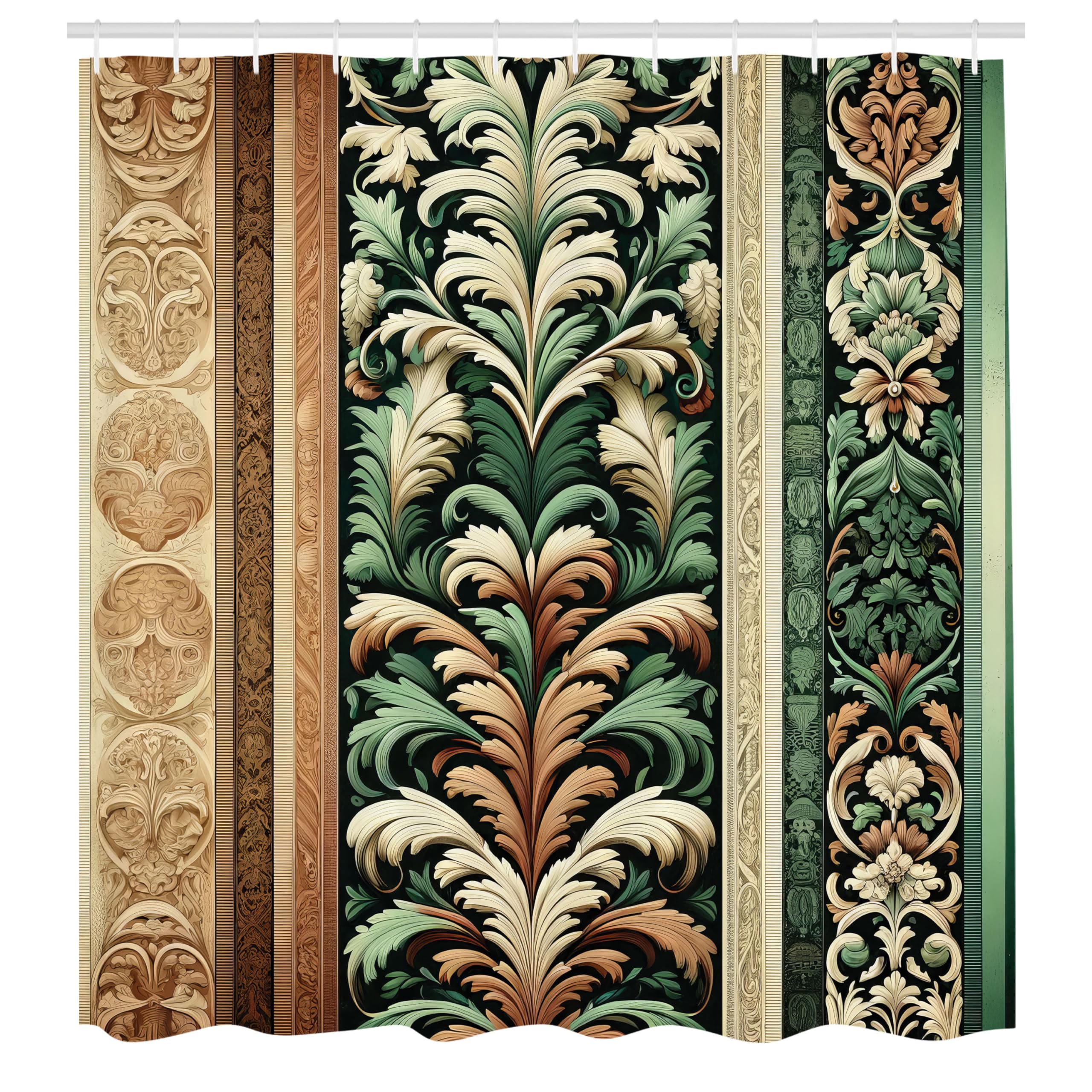 ABAKUHAUS Green and Brown Shower Curtain, Jungle Damask Leaf, Cloth Fabric Bathroom Decor Set with Hooks, 175 x 200 cm, Caramel
