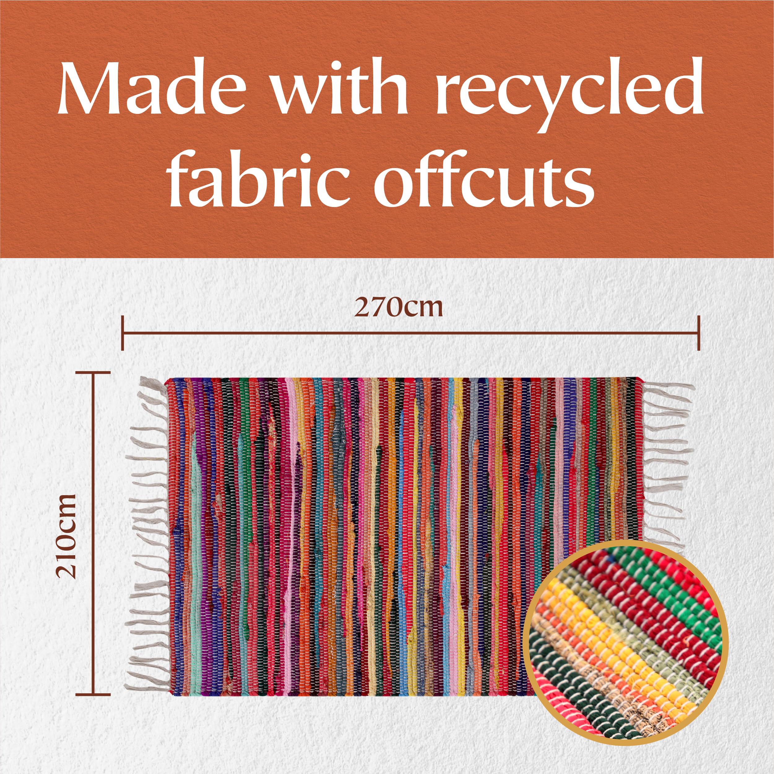 Second Nature Online - SHANTI Multi Coloured Rug | Hand Woven | Eco-Friendly: 100% Recycled Fabric | Ethically Sourced | Flat Weave (210 cm x 270 cm)