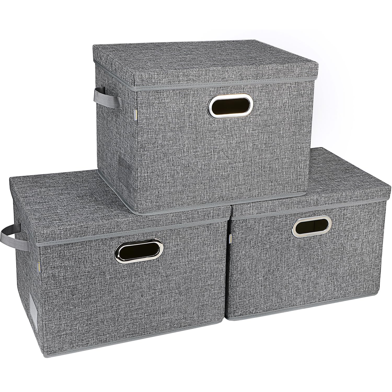 Voova Large Collapsible Storage Bins with Lids,3 Pack Stackable Linen Fabric Cube Storage Organizer,Foldable Closet Storage Boxes Baskets Containers
