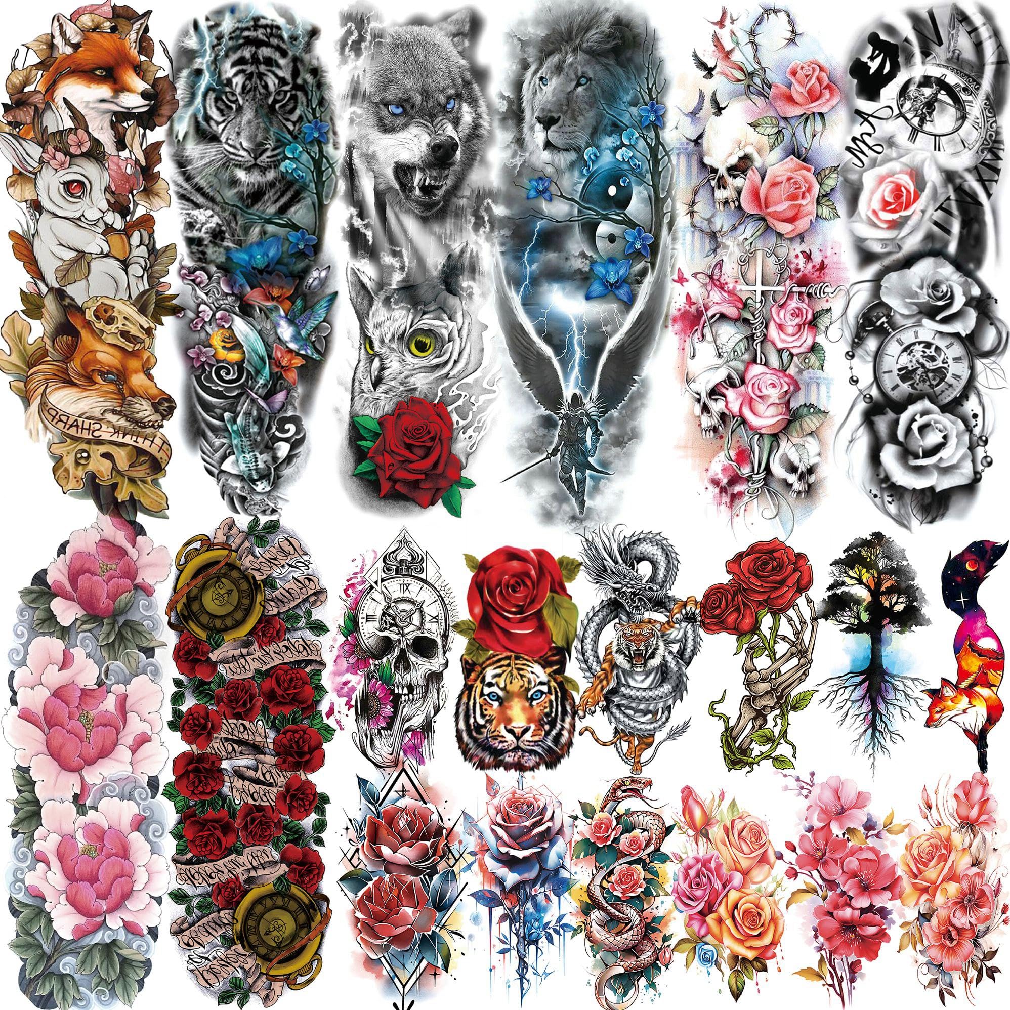 20 Sheets Sexy Rose Flower Full Arm Temporary Tattoos For Women Girl, Large Peony Lotus Florals Wolf Lion Tiger Fox Skull Fake Sleeve Tattoos For