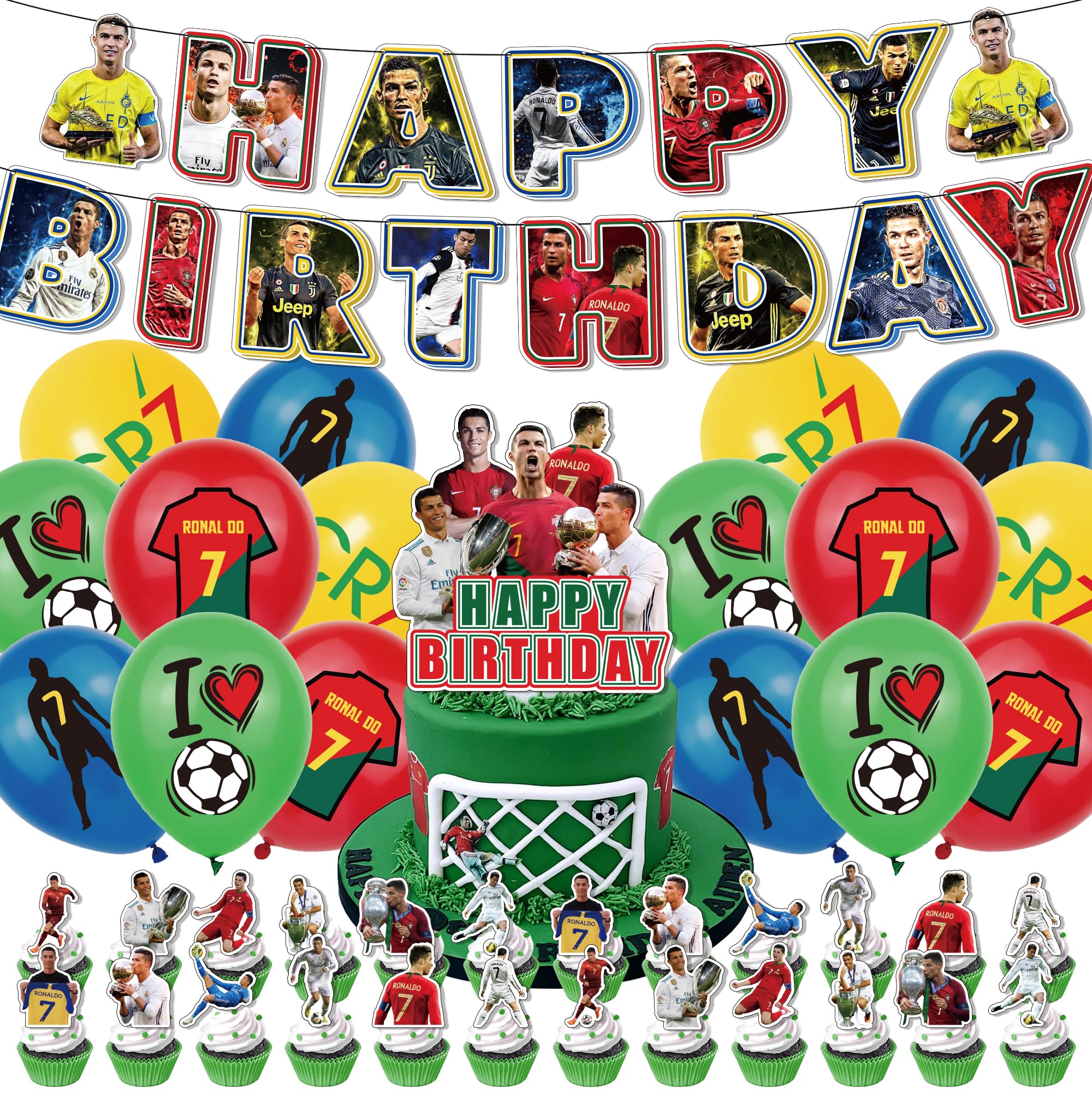 Football Star CR7 Birthday Party Decorations Supplies, Banner, Balloons, Cake Topper, Cupcake Toppers Cake Decorations