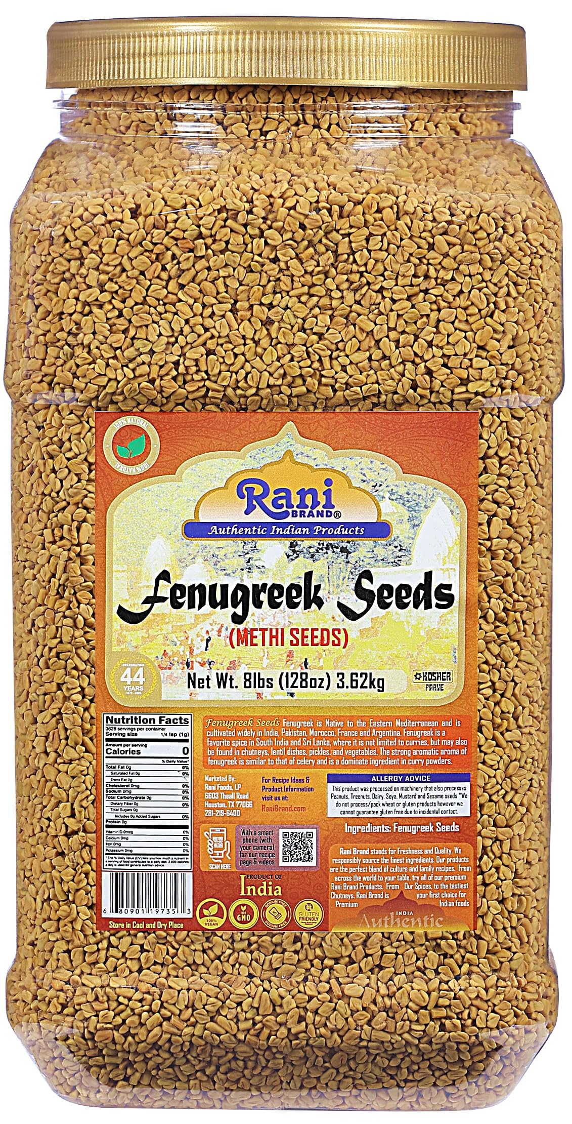 Rani Fenugreek (Methi) Seeds Whole 128oz (8lbs) 3.62kg Bulk PET Jar, Trigonella foenum graecum ~ All Natural | Vegan | Gluten Friendly | Non-GMO |