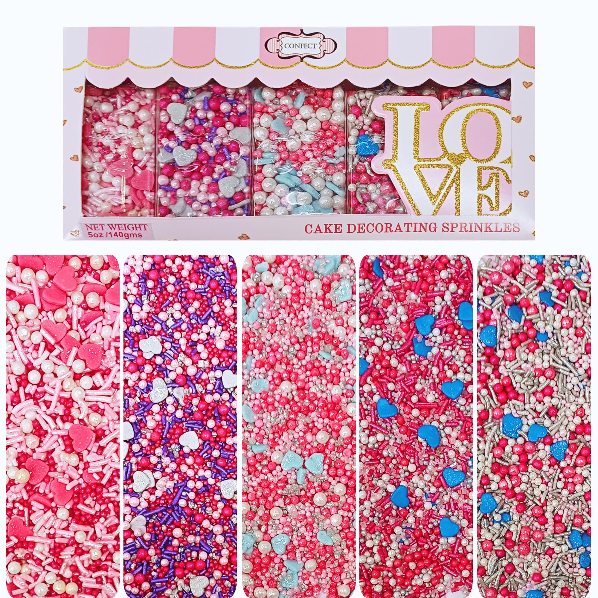 Confect Blue, Pink & White Pearl Sprinkles, Heart Sprinkles, Sprinkles for Baking & Cake Decorative, Silver Sparkling Sugar Sprinkles, Frozen Edible