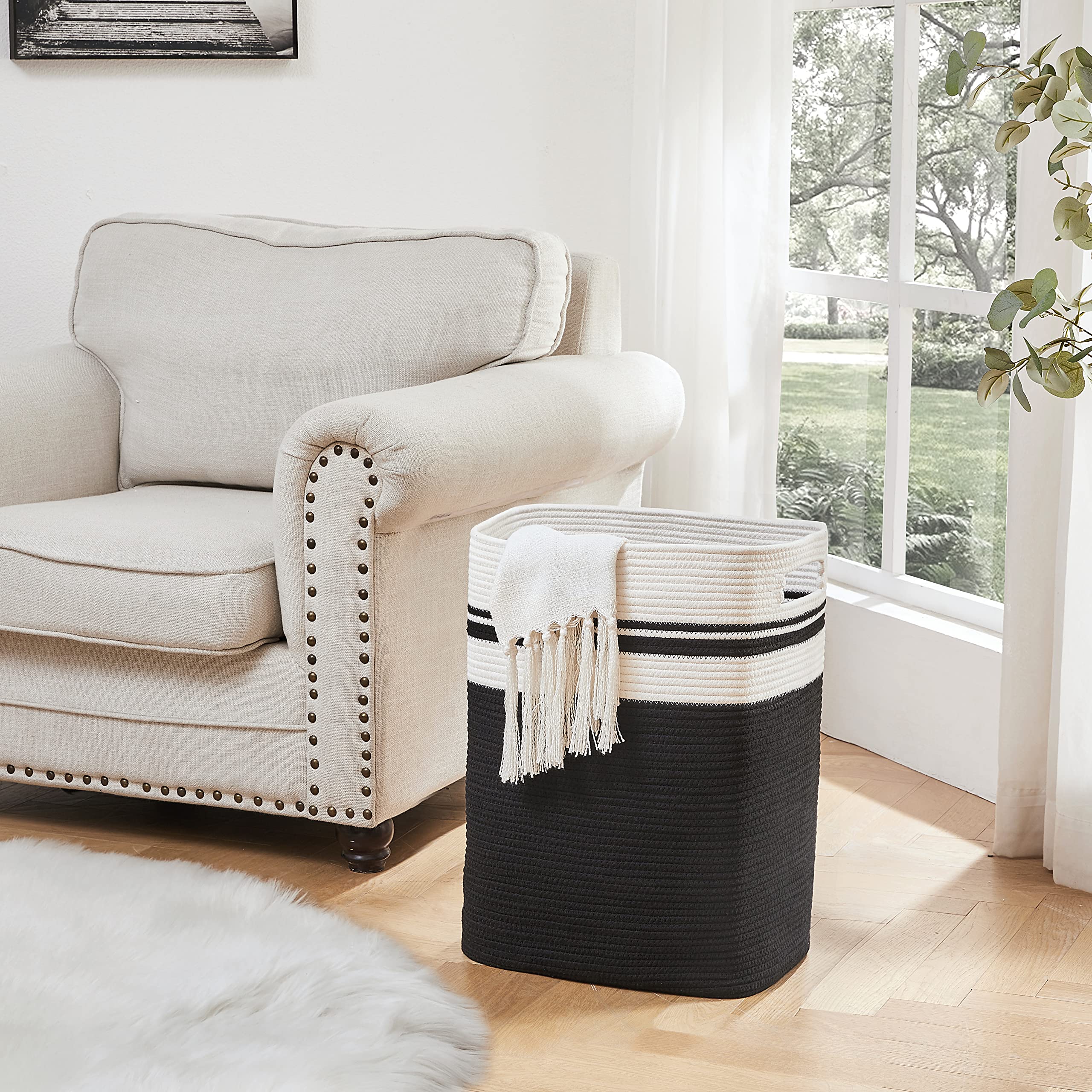 OIAHOMY Laundry Hamper-Laundry Basket,Tall Cotton Storage Basket with Handles,Decorative Blanket Basket for Living room,Collapsible Large Basket for