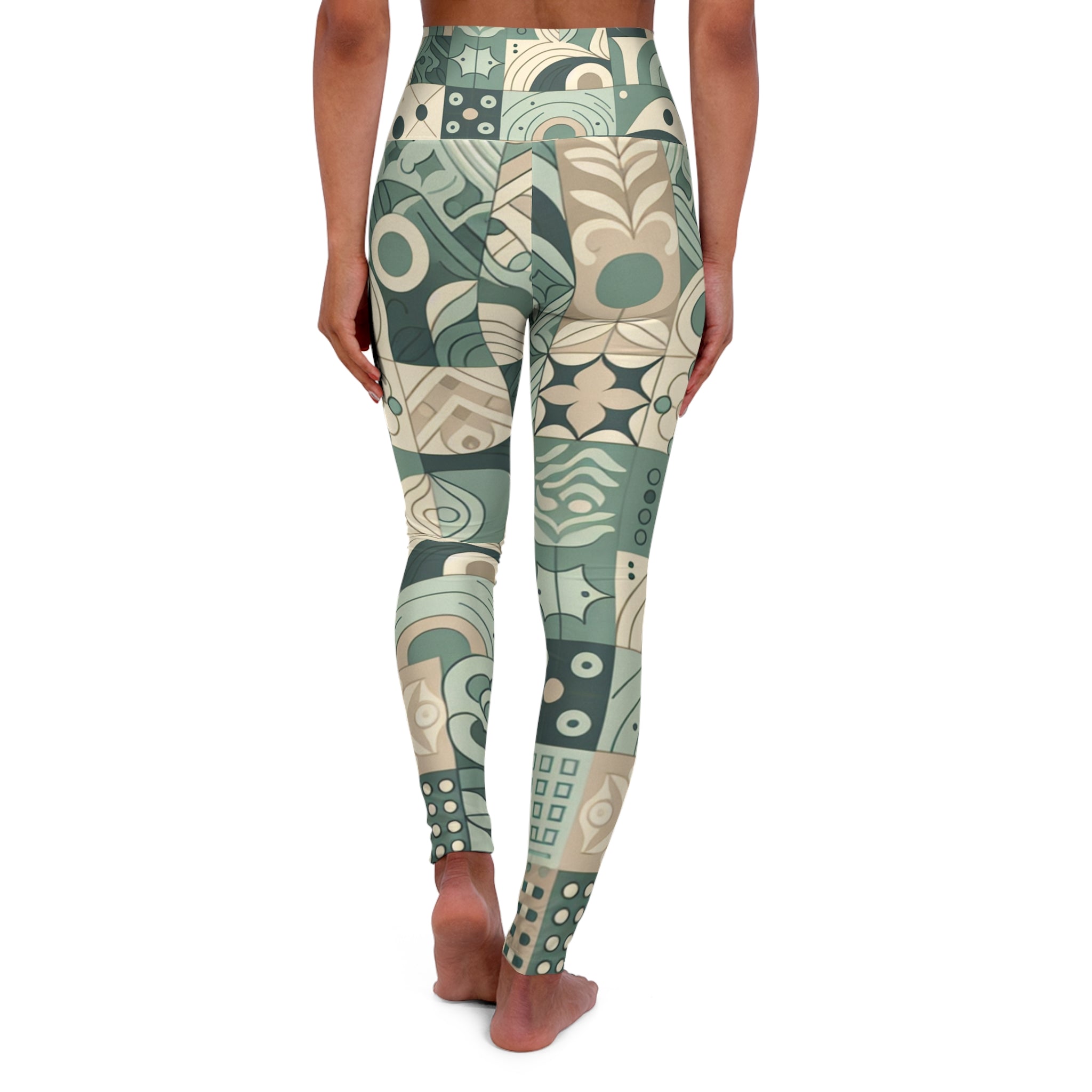 High-Waist Yoga Leggings with Elegant Block Prints in Pastel Green - Dazzling Dreams Studio
