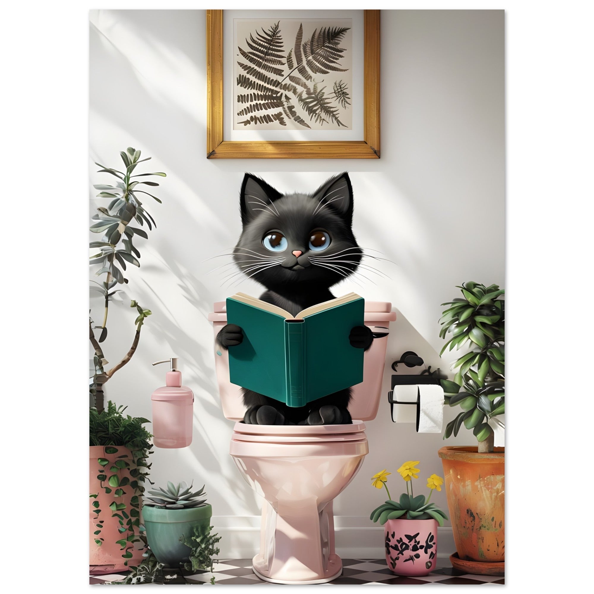 Charming Black Cat on Pink Toilet Poster - Cute Art for Cat Lovers