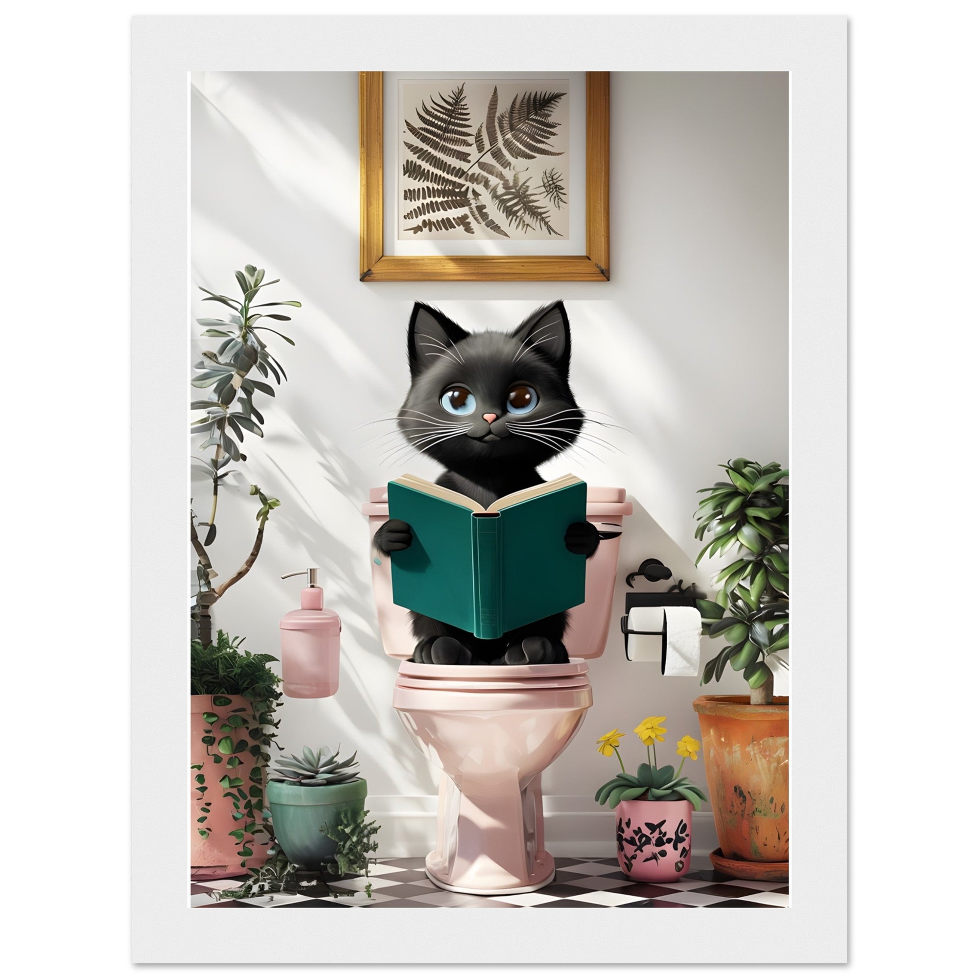 Framed Black Cat Poster – Quirky Bathroom Art with a Humorous Twist