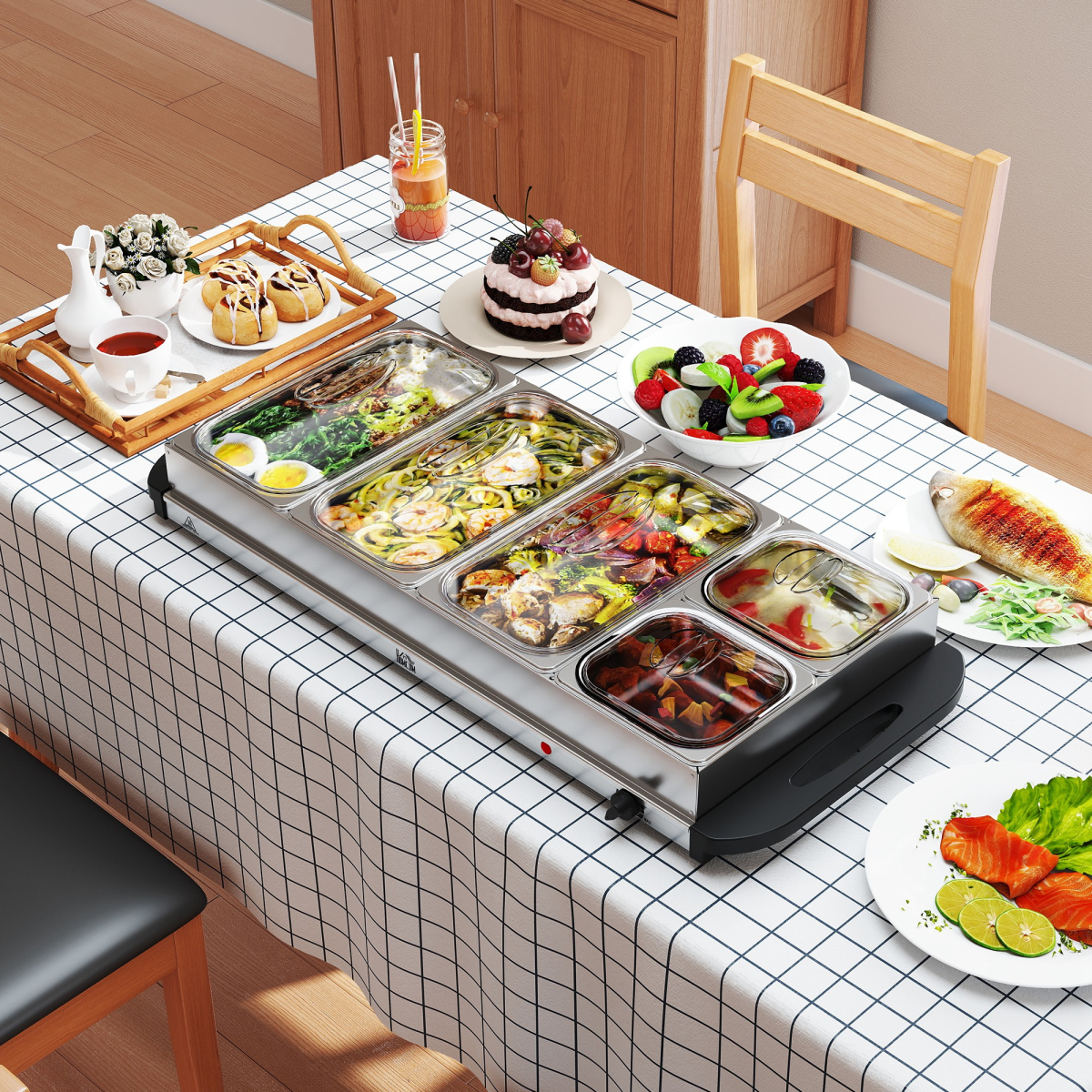 HOMCOM Electric Food Warmer 5 Tray, 9.2L Buffet Server with Lids, Silver