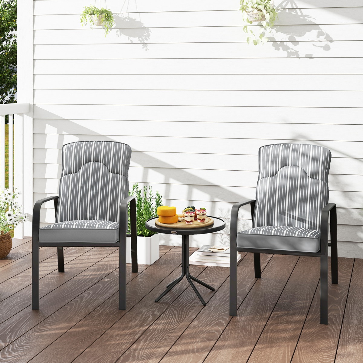 Outsunny 3-Piece Recliner Garden Chairs and Tempered Glass Table Set, Grey