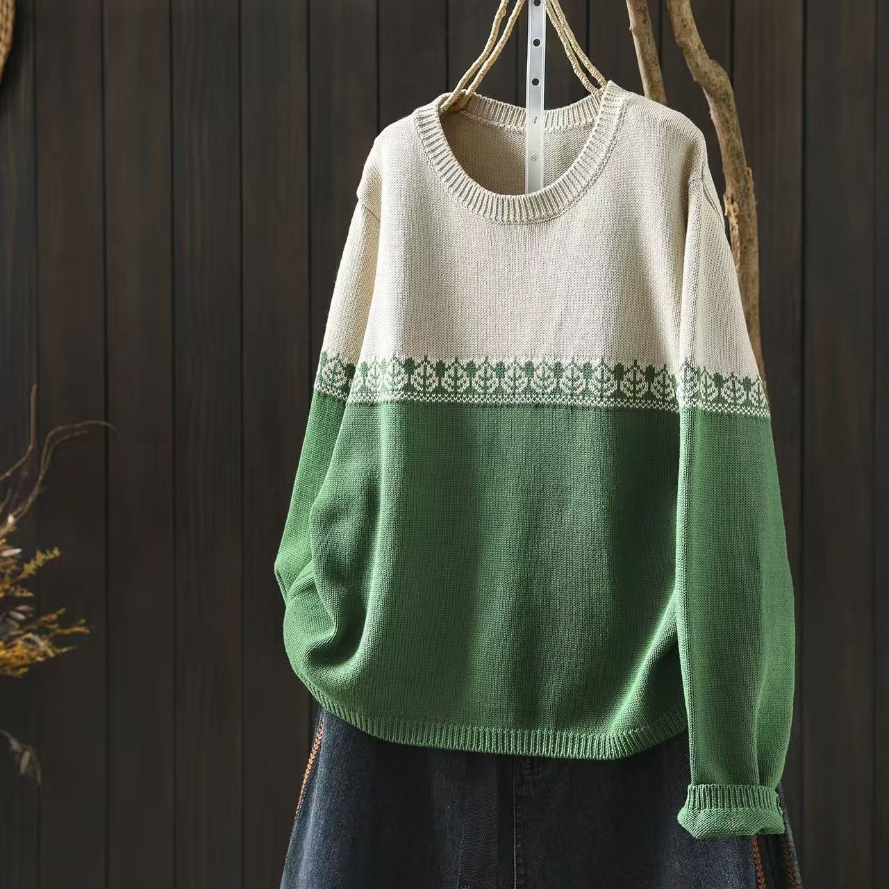 Crew-neck Preppy-style Cotton Knit Sweater Loose And Casual