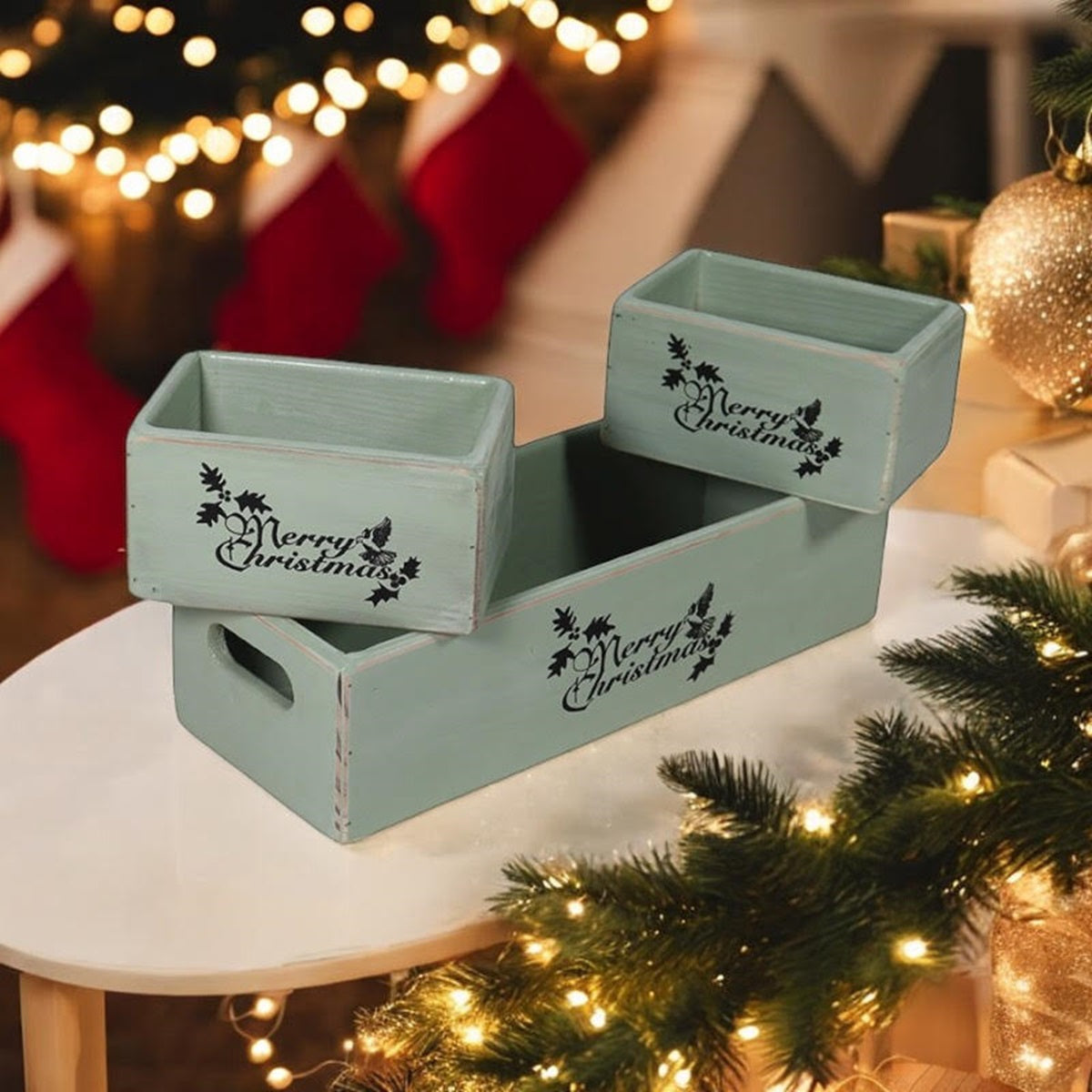 34/15/15CM SET 3 RUSTIC GREEN WOODEN BOXES