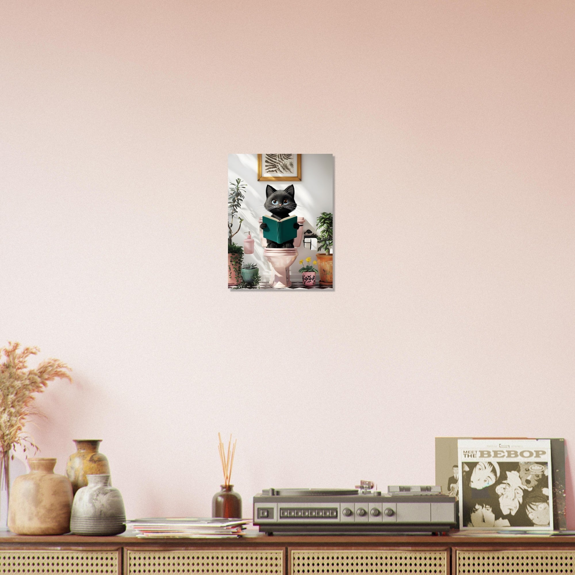 Charming Black Cat on Pink Toilet Poster - Cute Art for Cat Lovers