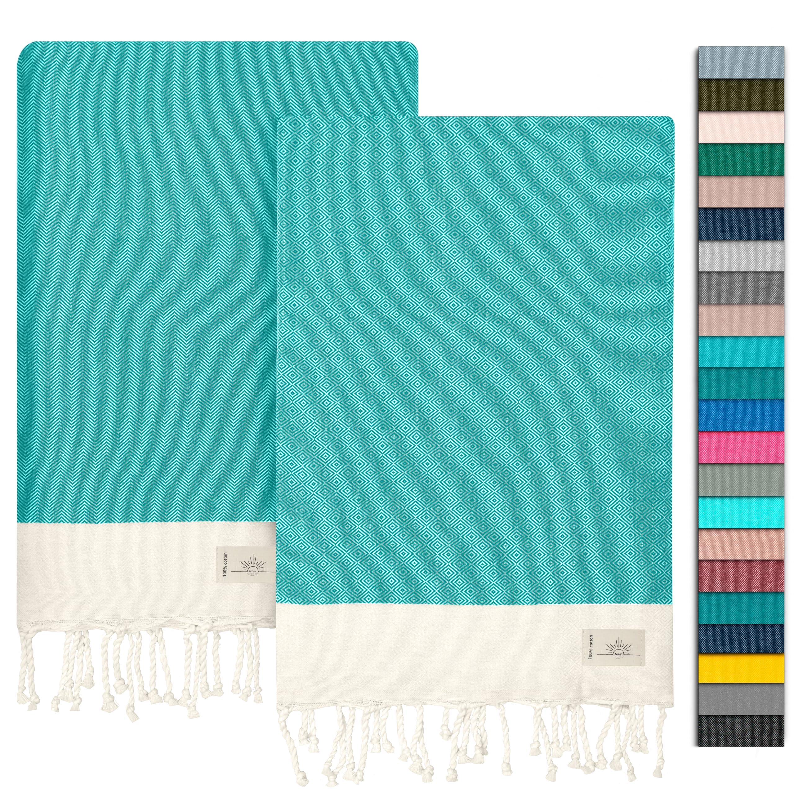NOUR Premium 100% Cotton Turkish beach towel, Pack of 2, 100 x 200 cm, Picnic Blanket, Sauna & Hammam Towels, Extra Light, Absorbent, Quick-Drying,