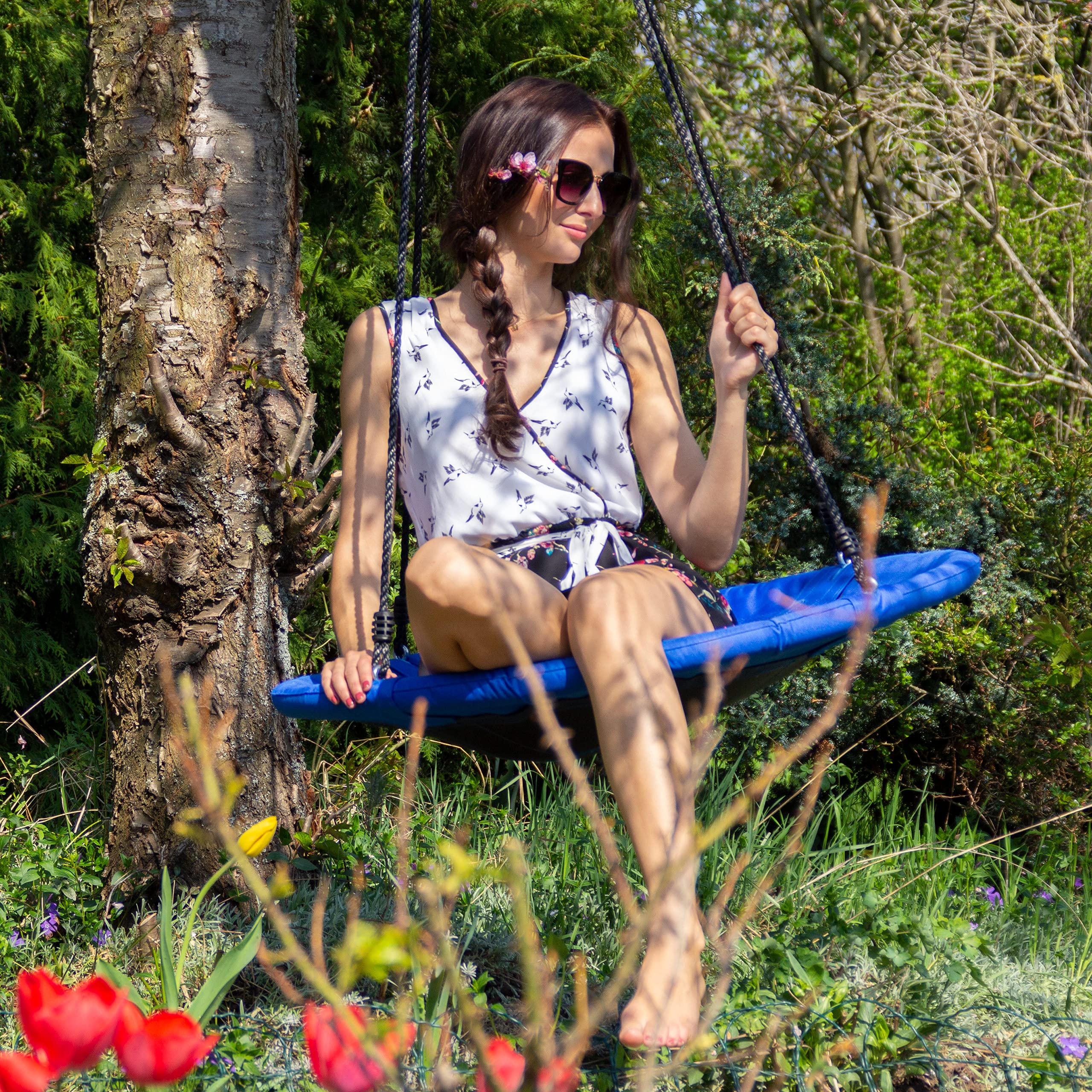 Relaxdays Round Nest Swing, Enclosed Seat, Up to 100 kg, Outdoor, HxWxD: 153 x 90 x 90 cm, Plate Swing, Dark Blue