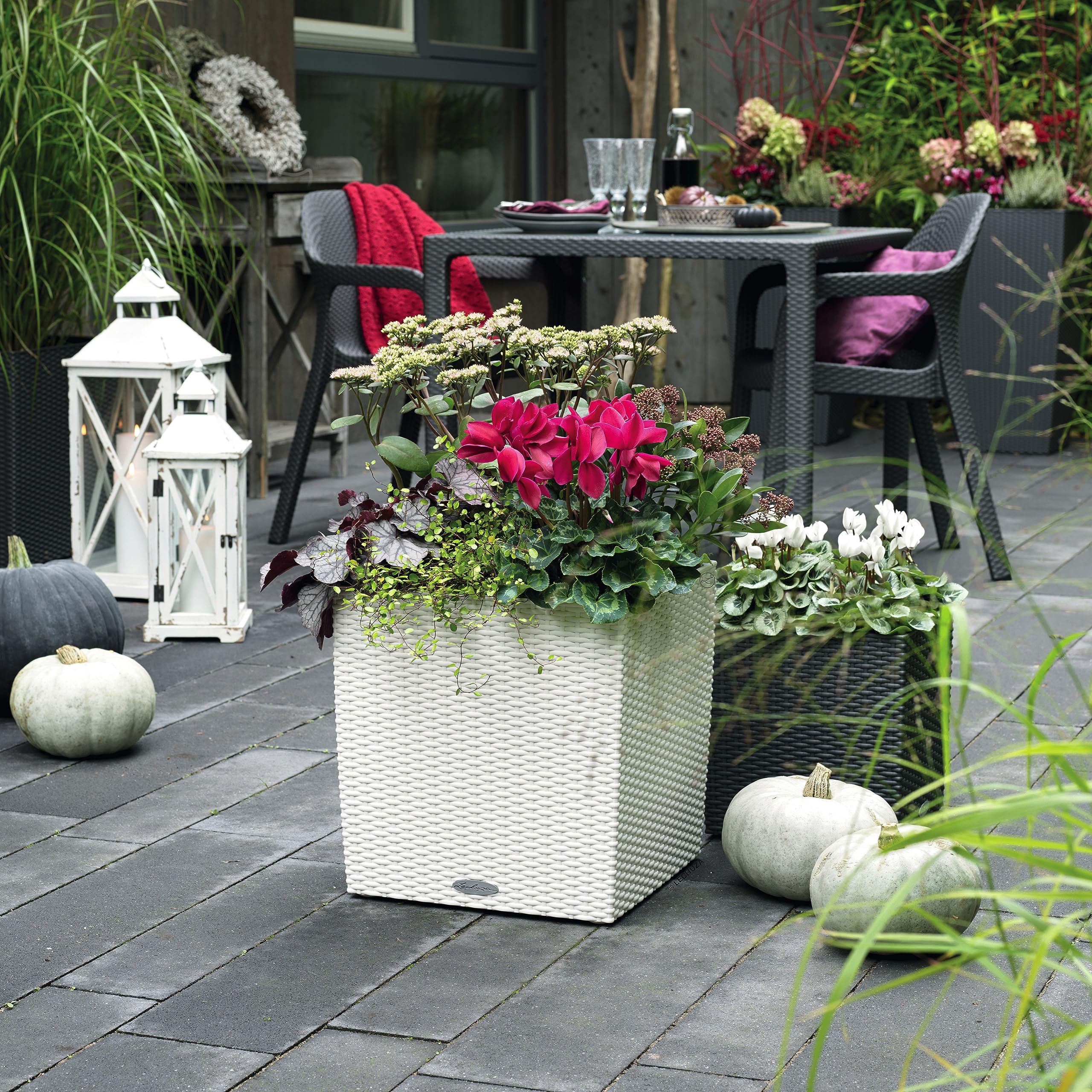 Lechuza Self Watering Plant Pots CUBE Cottage 30 Rattan Look Plastic Garden Outdoor Indoor Planter with Drainage Hole H30 L30 W30 cm Granite