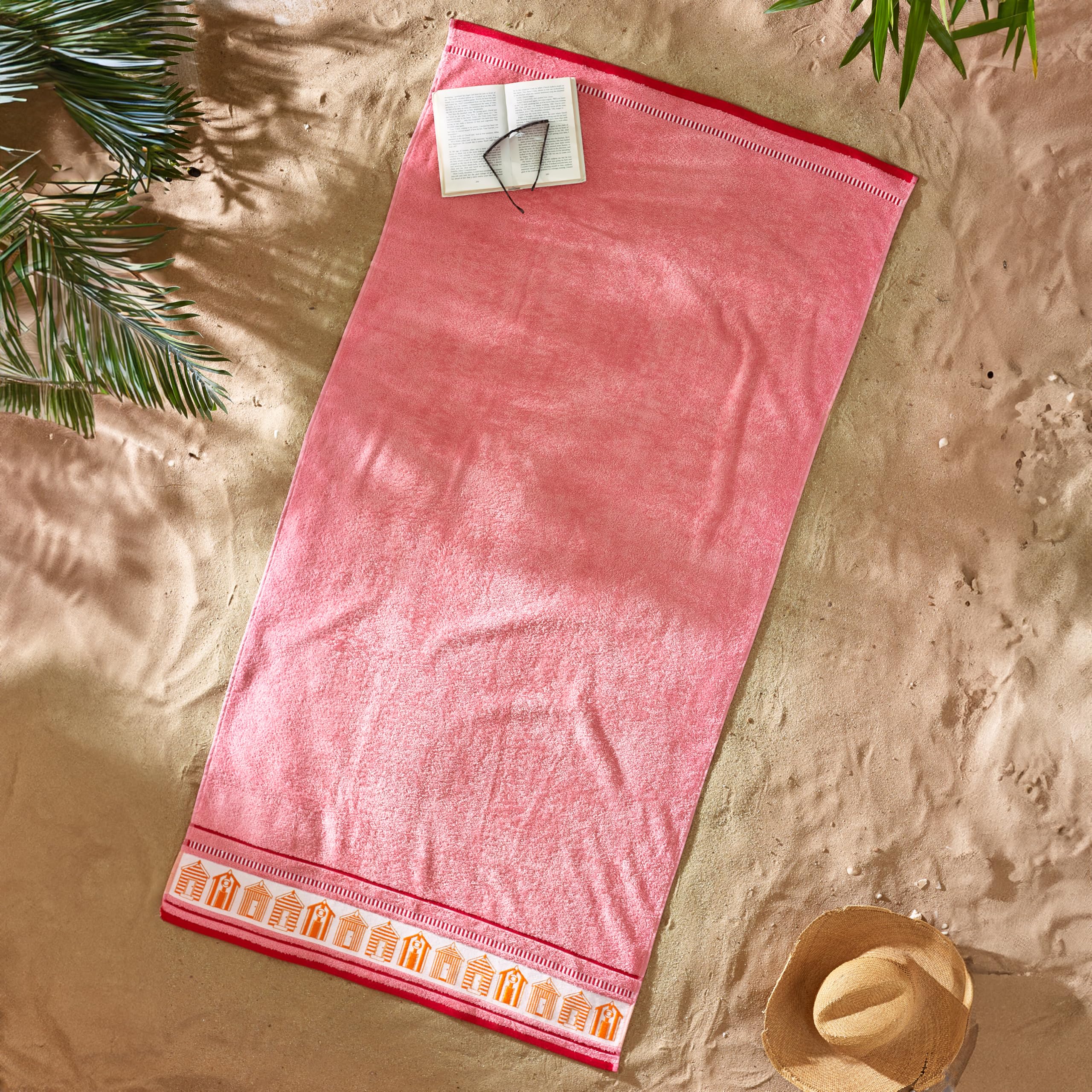 Catherine Lansfield Beach Huts90x180cm Cotton Extra Large Beach Towel Coral