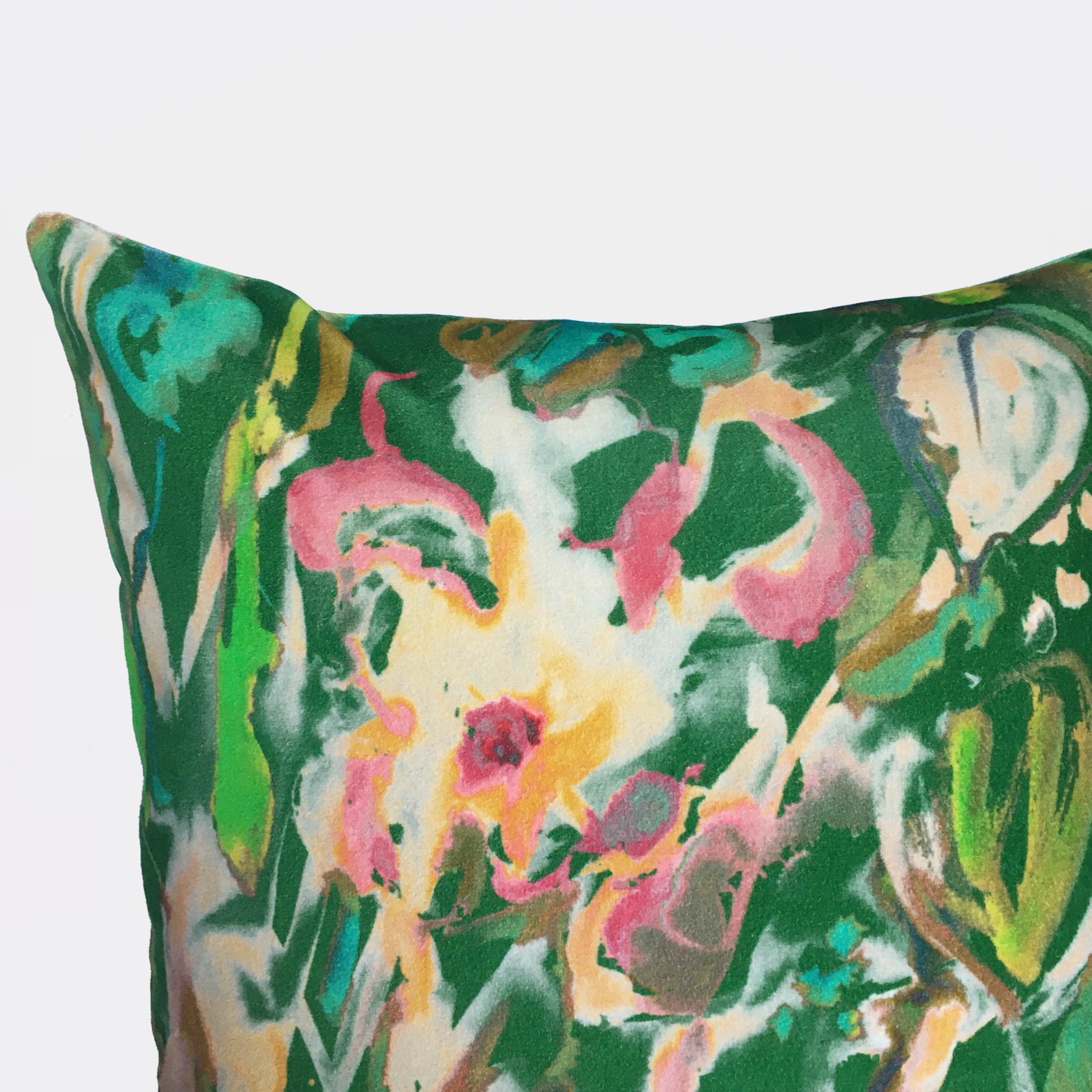 Watercolour Floral Velvet Cushion - Emerald