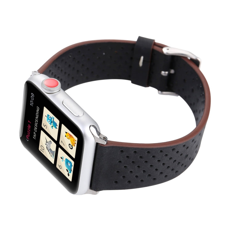 For Apple Watch Ultra 49mm&Watch Ultra 2 49mm / Series 10 46mm / 9&8&7 45mm / SE 3&SE 2&6&SE&5&4 44mm / 3&2&1 42mm Simple Fashion Genuine Leather Hole Pattern Watch Band, 42mm