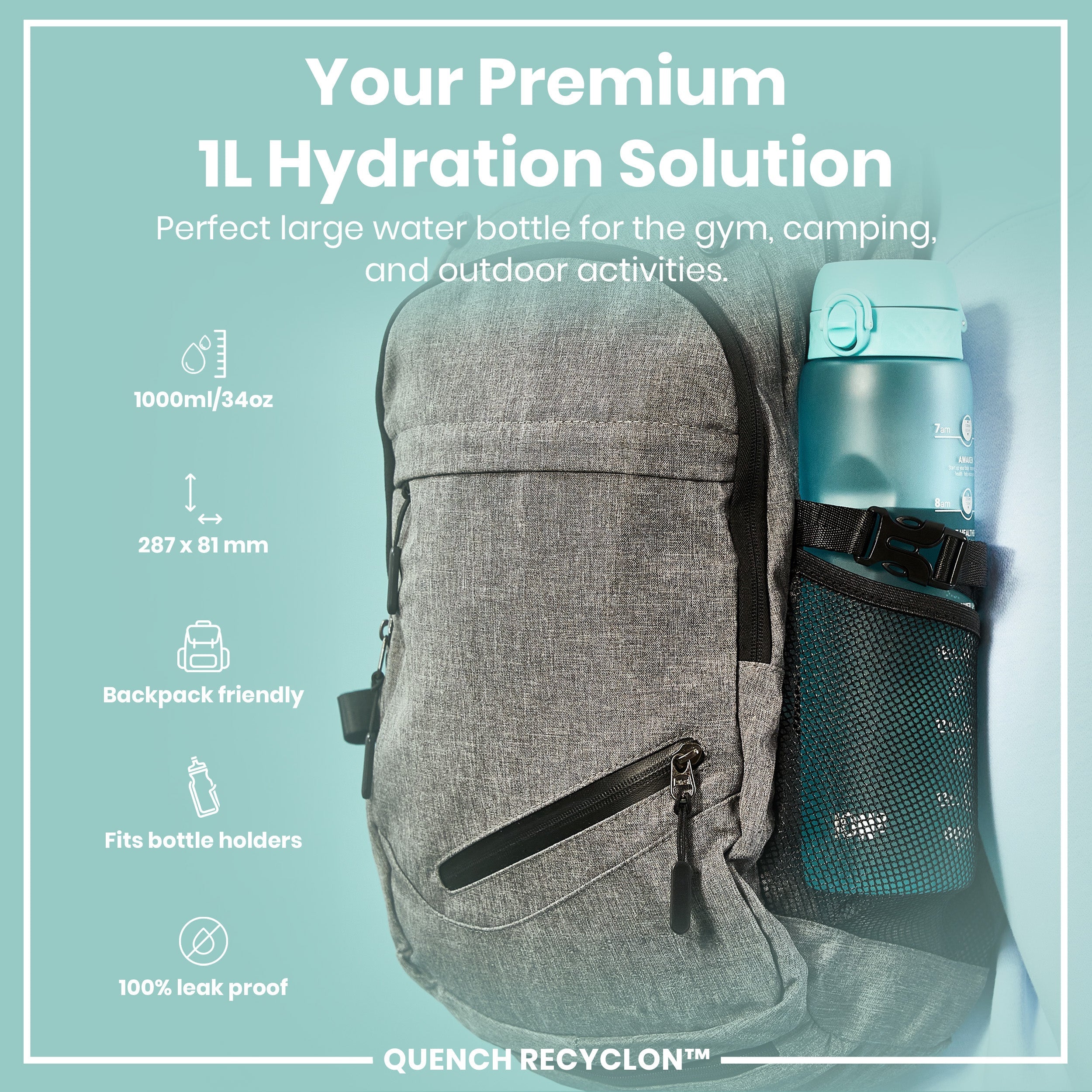 Leak Proof 1 Litre Water Bottle with Times to Drink, Recyclon, Sonic Blue, 1L