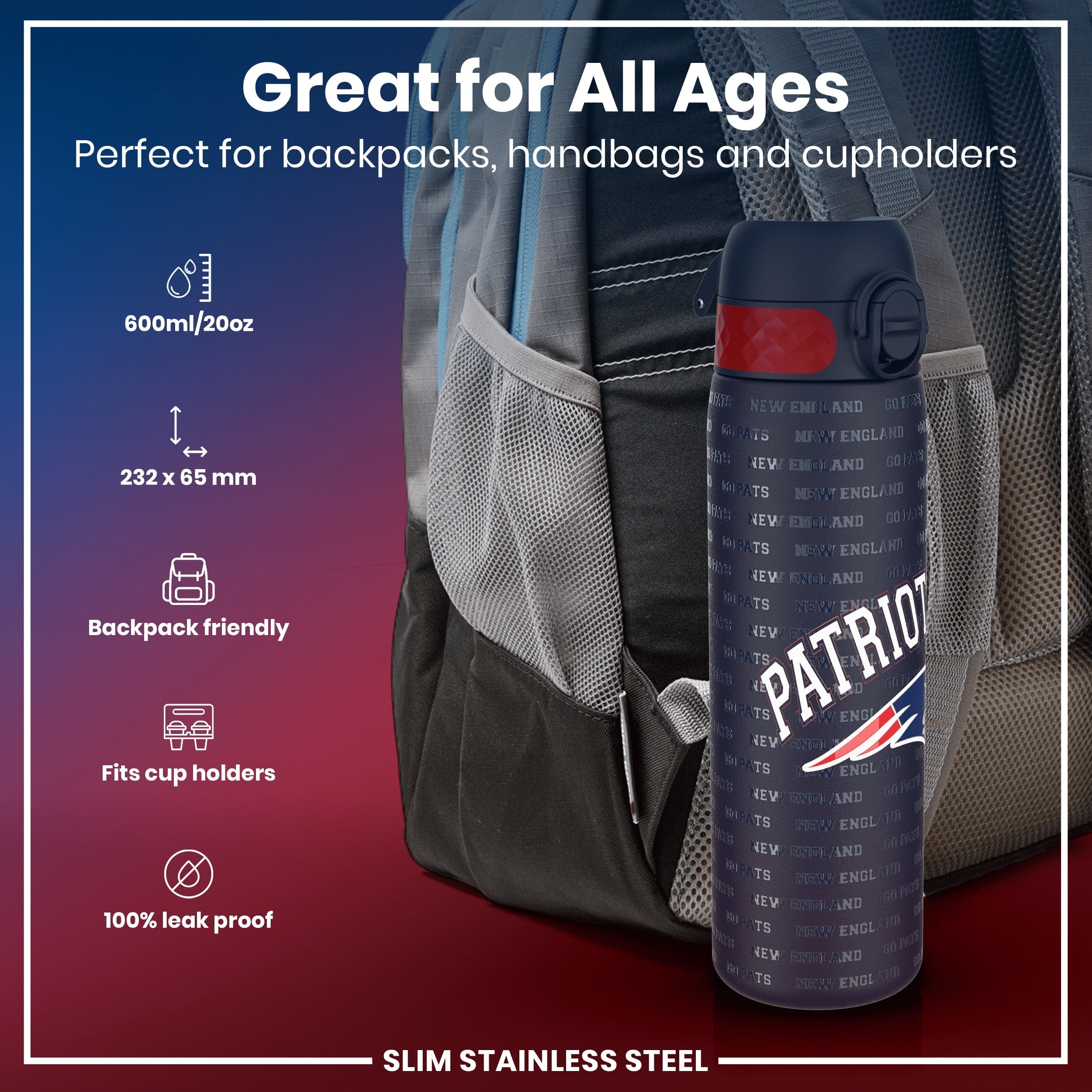 Leak Proof NFL Water Bottle, Stainless Steel, New England Patriots, 600ml (20oz)